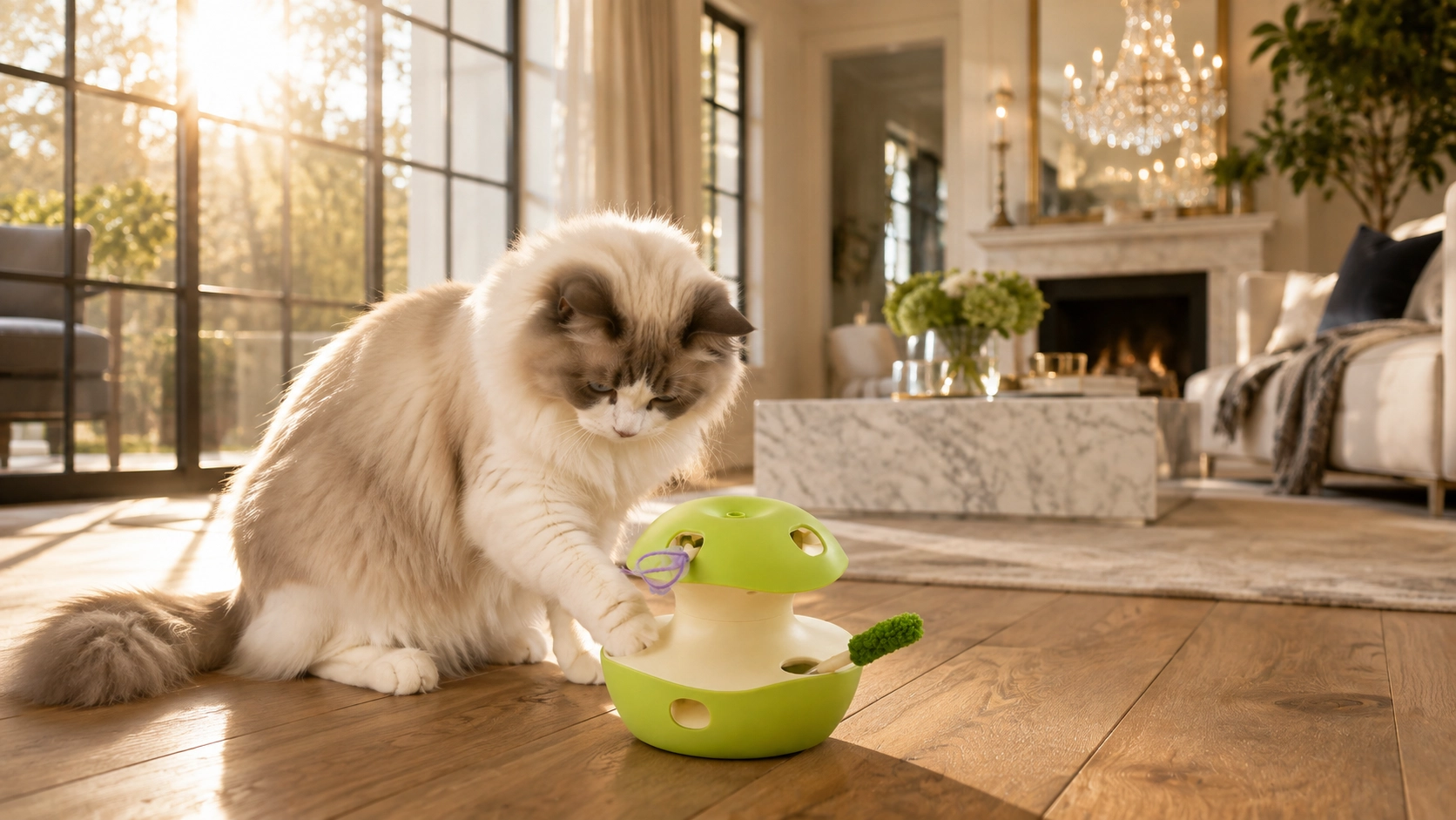 Apple-Shaped Interactive Cat Toy with Feathers · Morning Light Awakening · GuardLynx