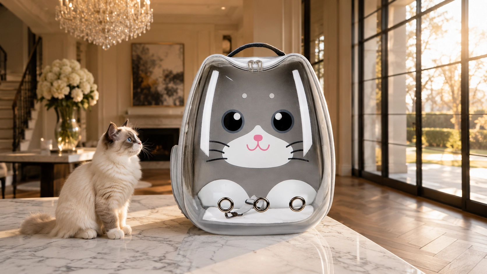 Transparent Cartoon Cat Backpack Carrier · Panoramic Clear Window · GuardLynx