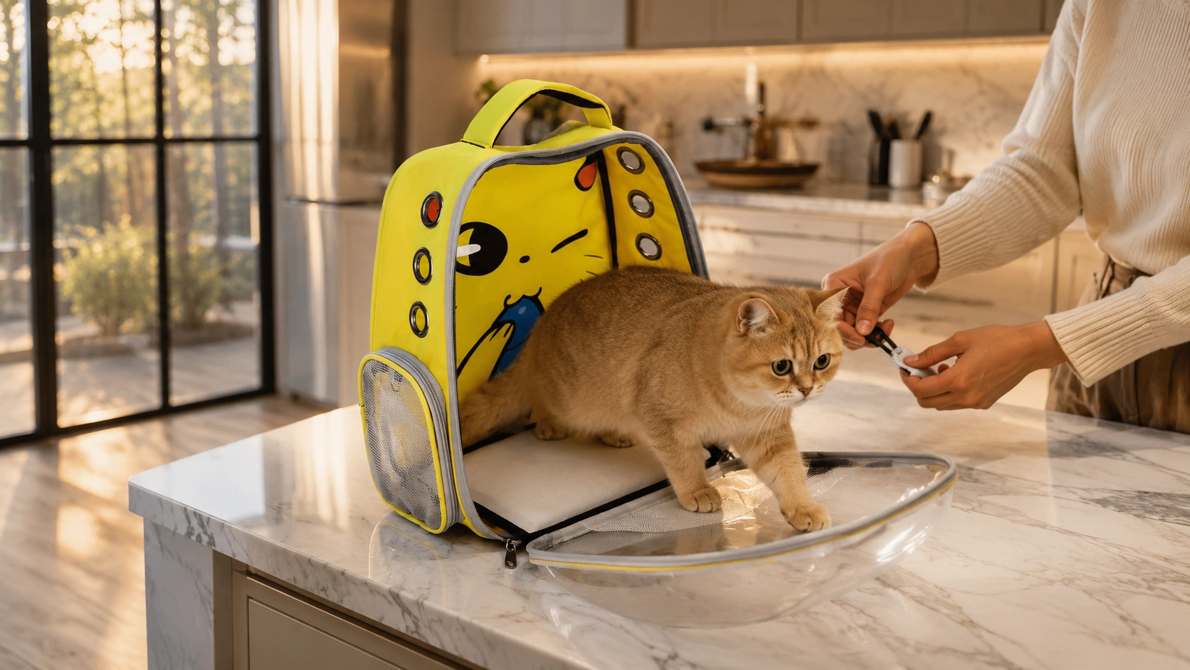 Transparent Cartoon Cat Backpack Carrier · Morning Prep in Sunlight · GuardLynx