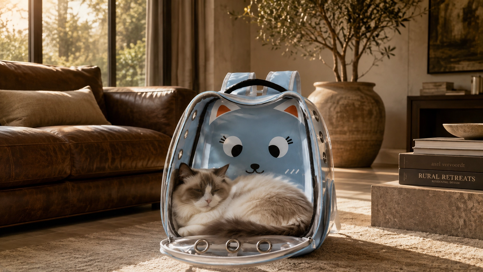 Transparent Cartoon Cat Backpack Carrier · Afternoon Lounge in Living Room · GuardLynx