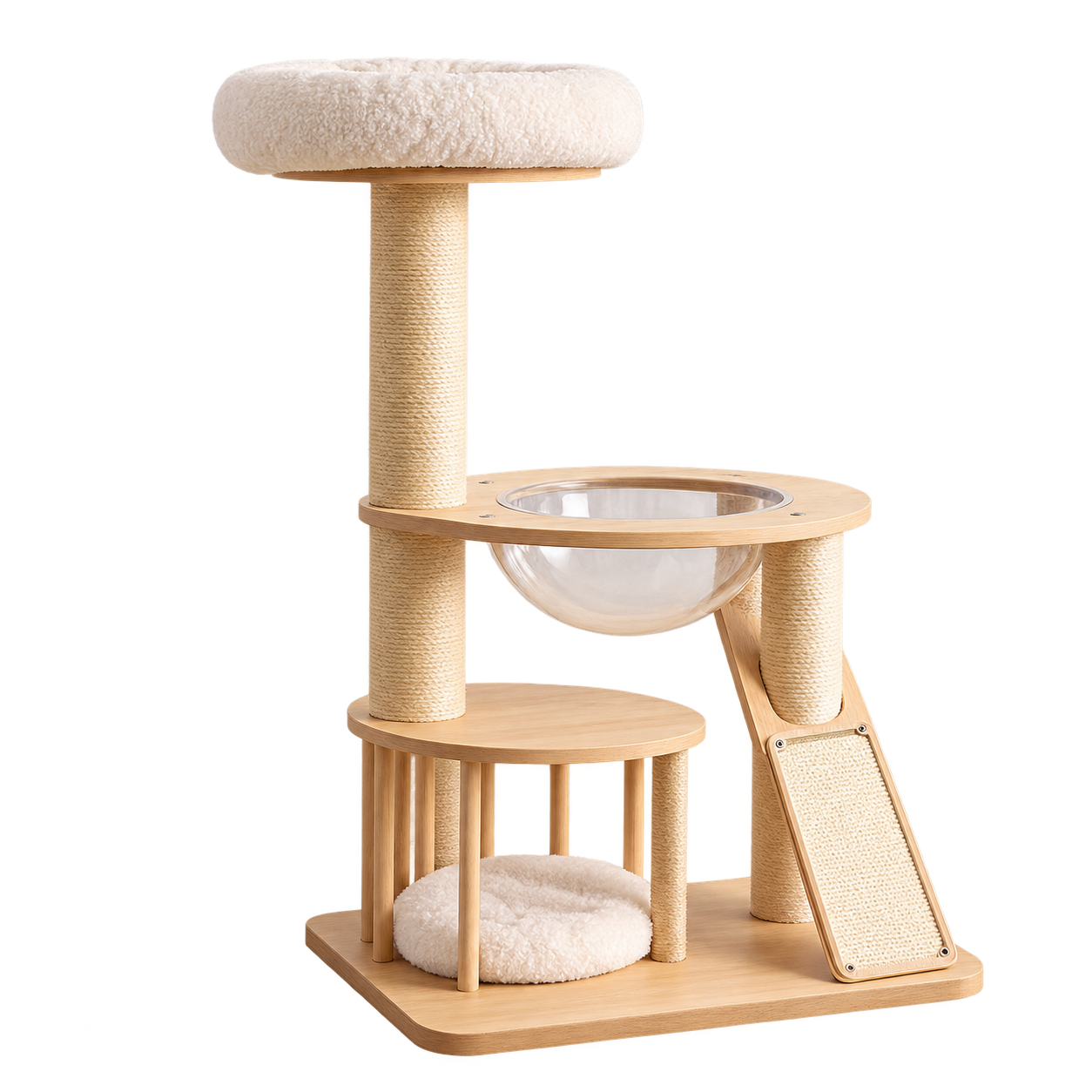 Rubberwood Cat Tree with Sisal Rope & Plush Perches