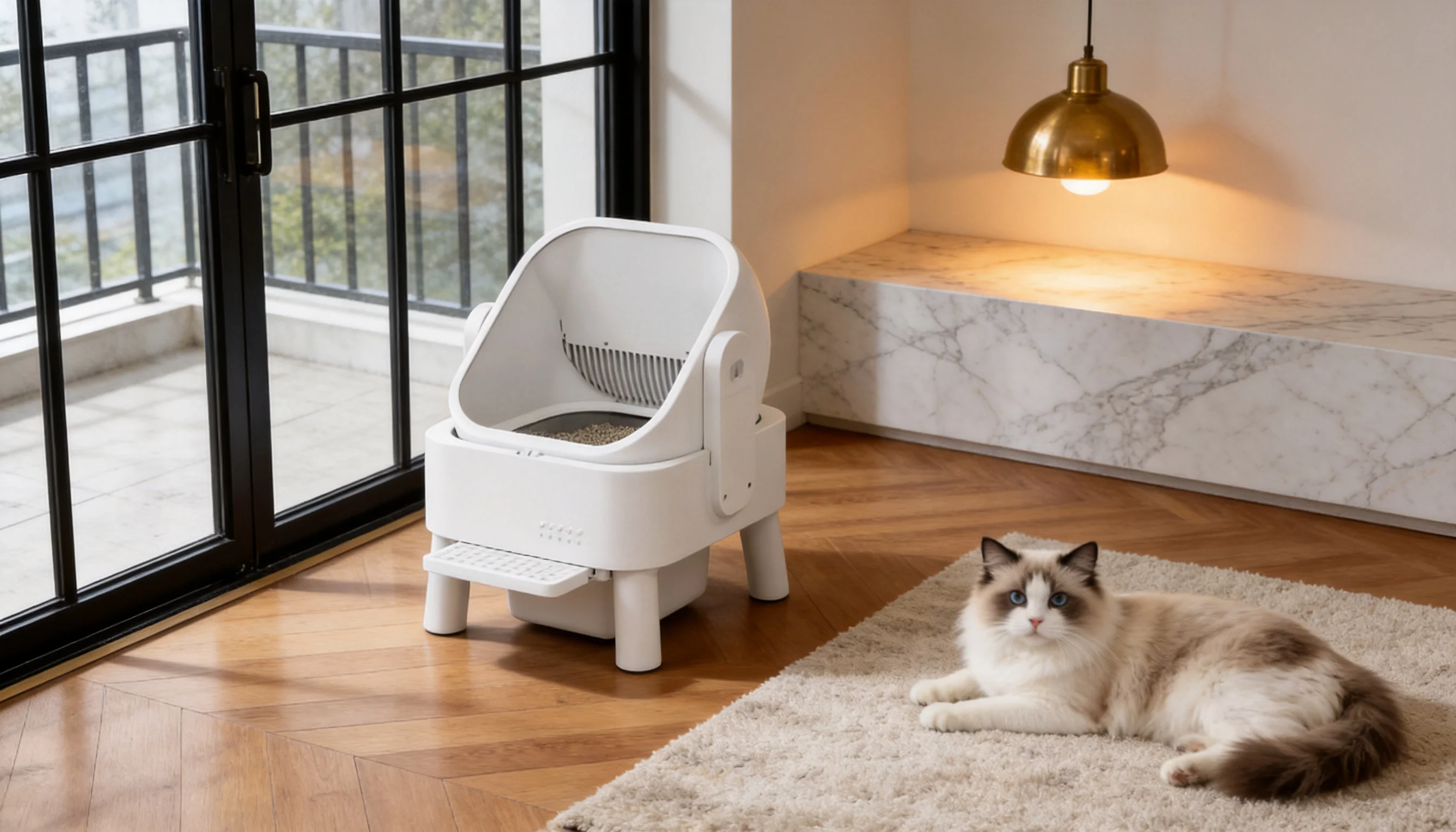 Smart Deodorizing Self-Cleaning Litter Box · Slanted Grate Design · GuardLynx