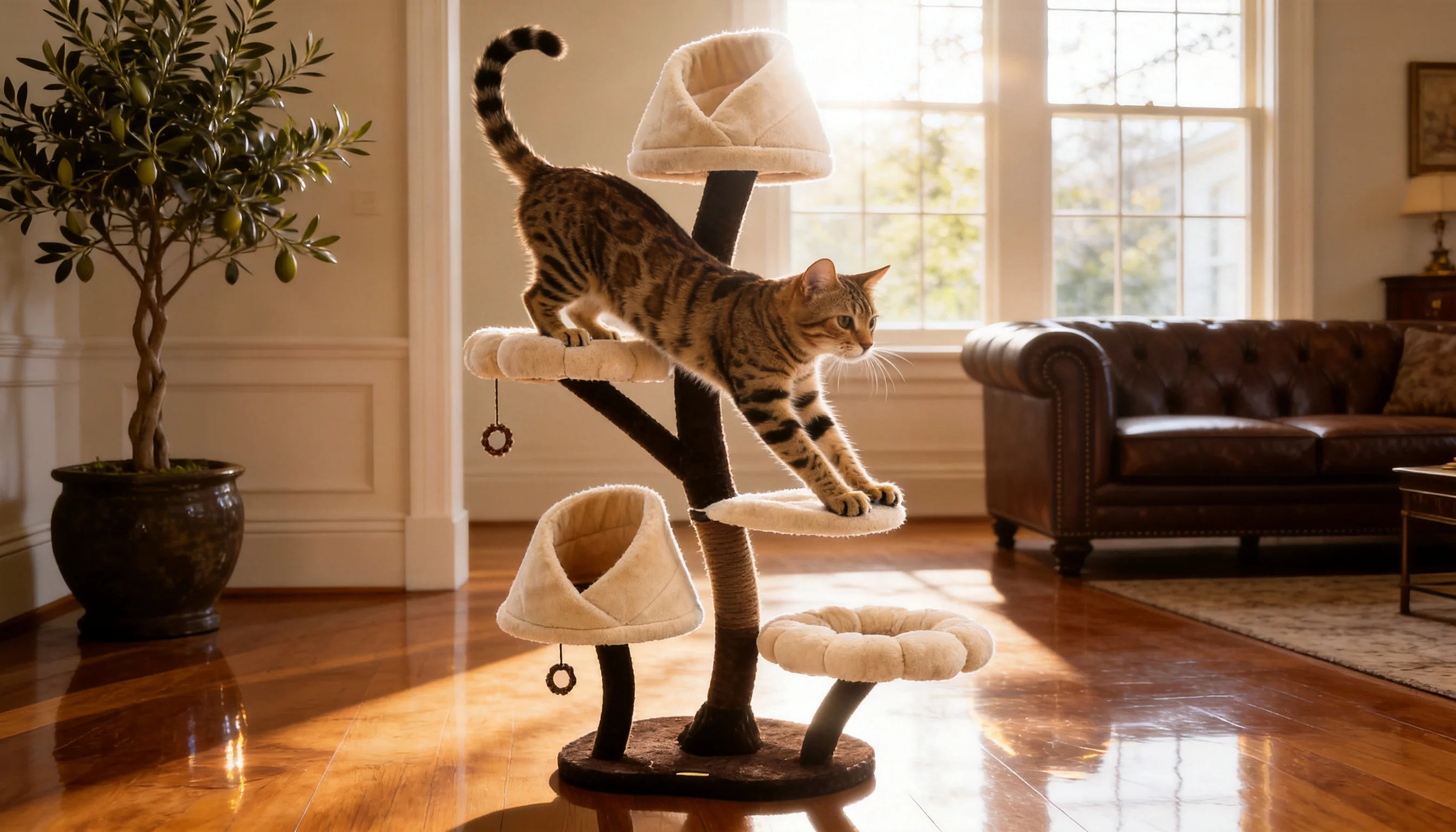 Bud Cat Tree Tower with Cozy Nest · Sunlit Bengal Play · GuardLynx