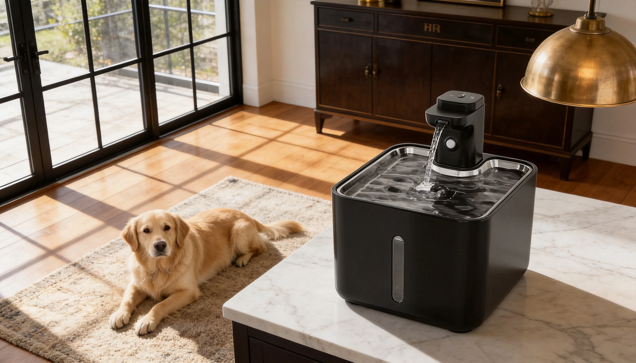 GuardHound Smart Recirculating Water Fountain · Sleek Black Design · GuardHound DOG