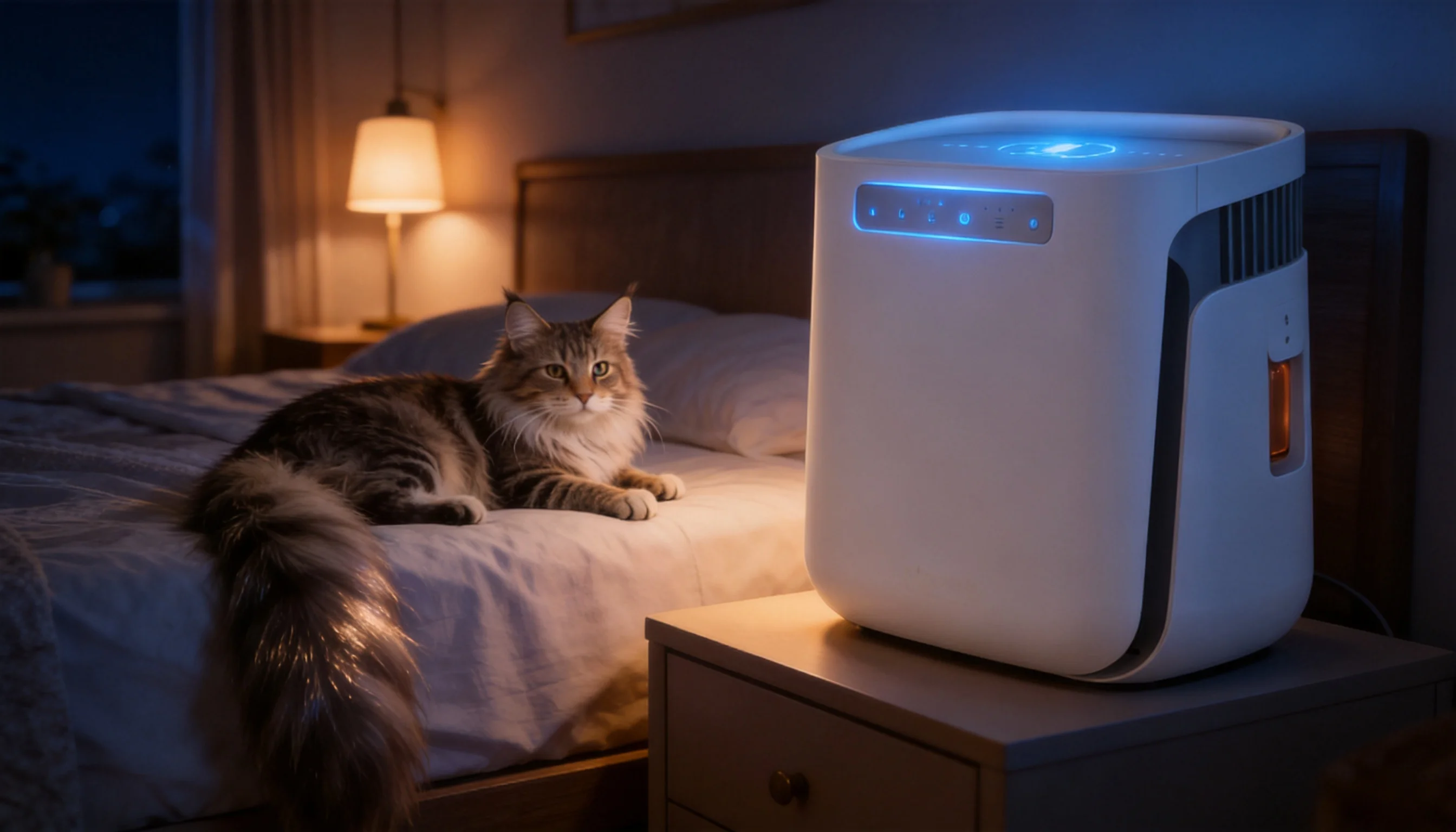 Pet Hair & Odor Air Purifier · Cozy Bedroom Night · GuardLynx