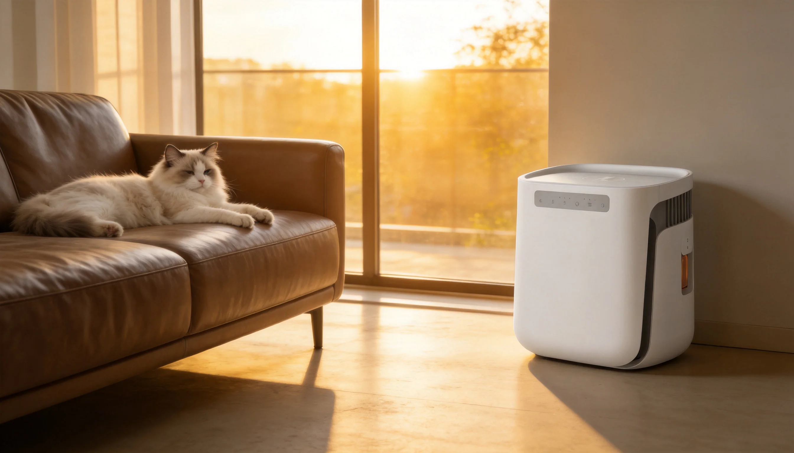 Pet Hair & Odor Air Purifier · Sunlit Living Room Afternoon · GuardLynx