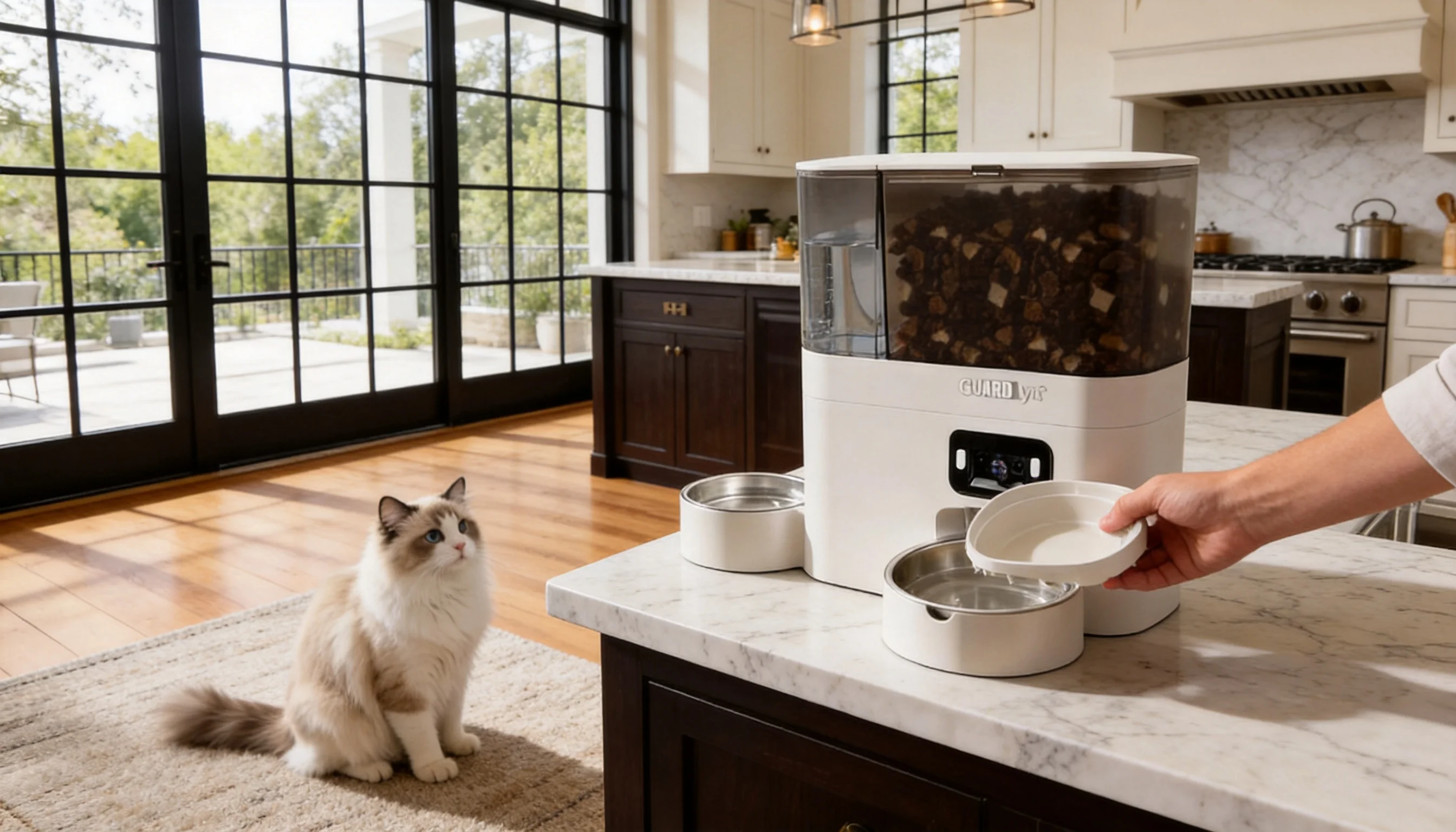 GuardLynx Smart Feeding & Watering Station · Removable Easy-Clean Bowl · GuardLynx