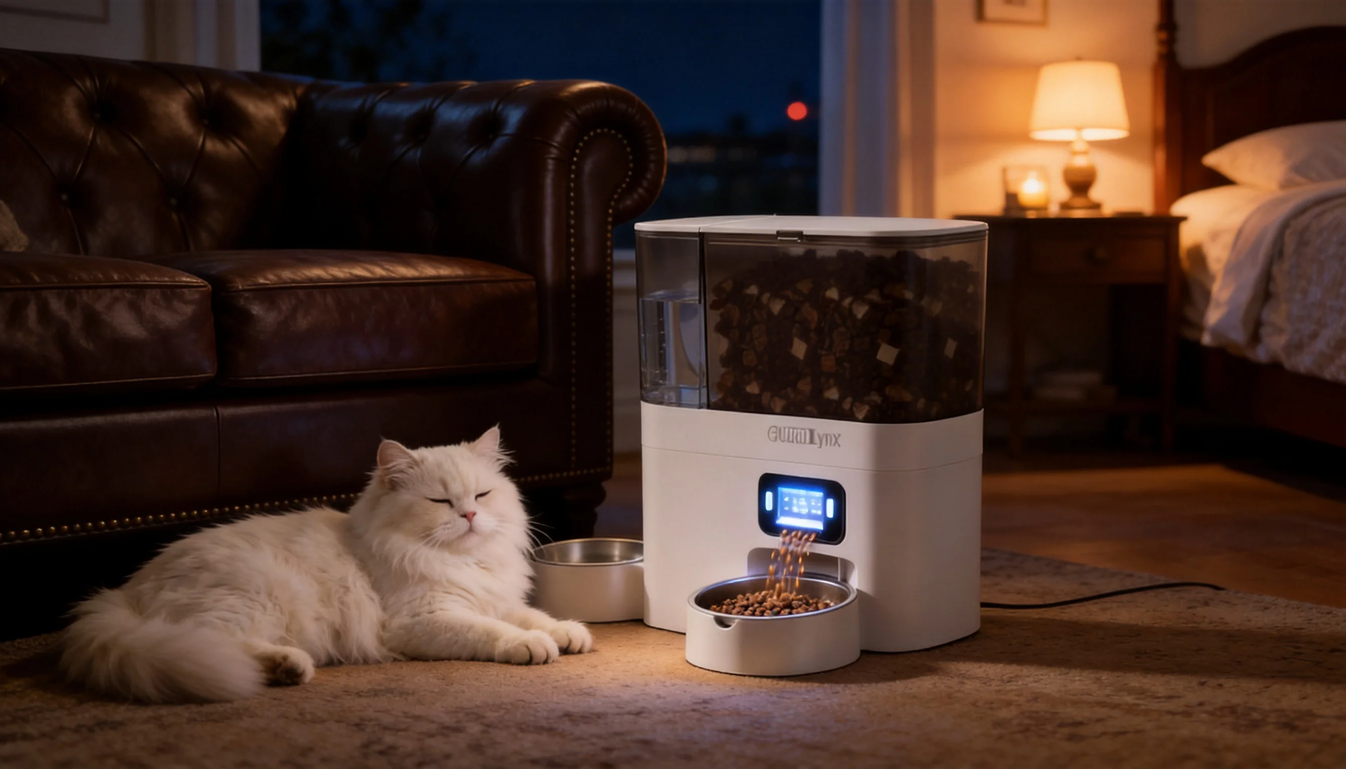 GuardLynx Smart Feeding & Watering Station · Cozy Nighttime Dining · GuardLynx
