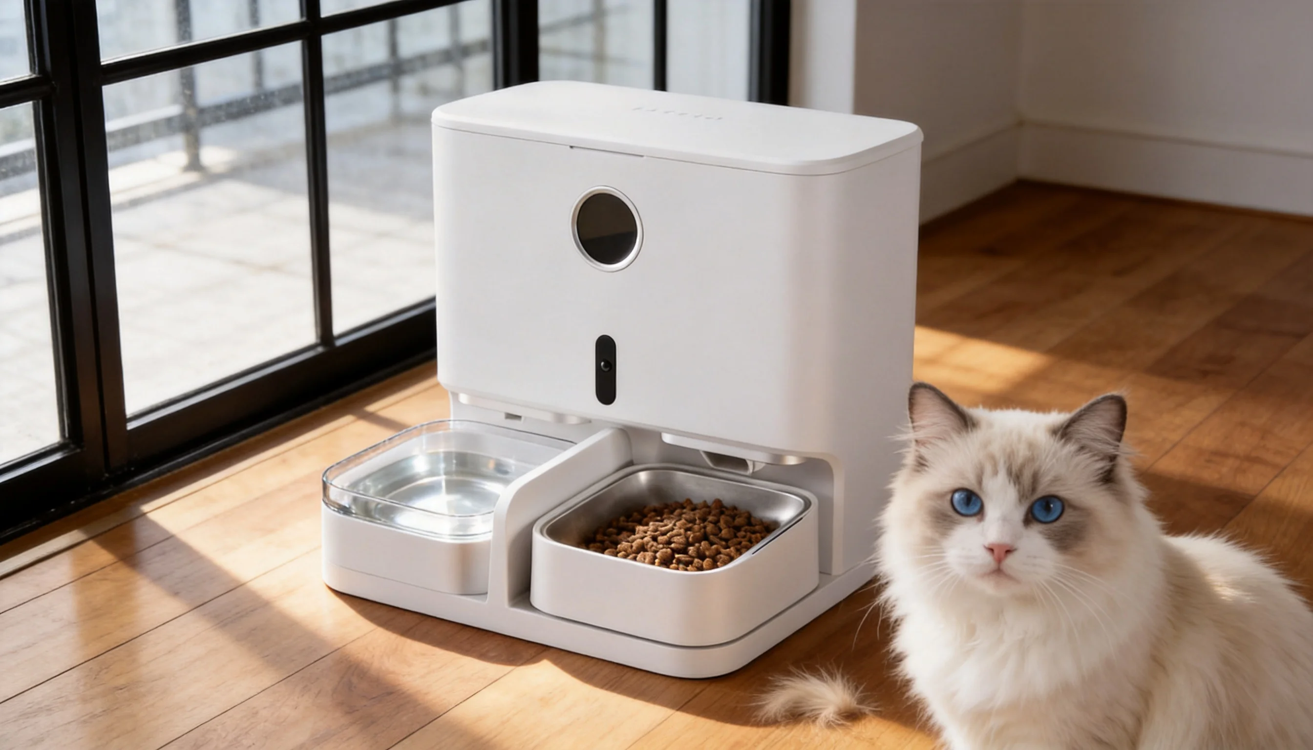 Smart Feeding & Watering Station Pro · Morning Breakfast in Warm Light · GuardLynx