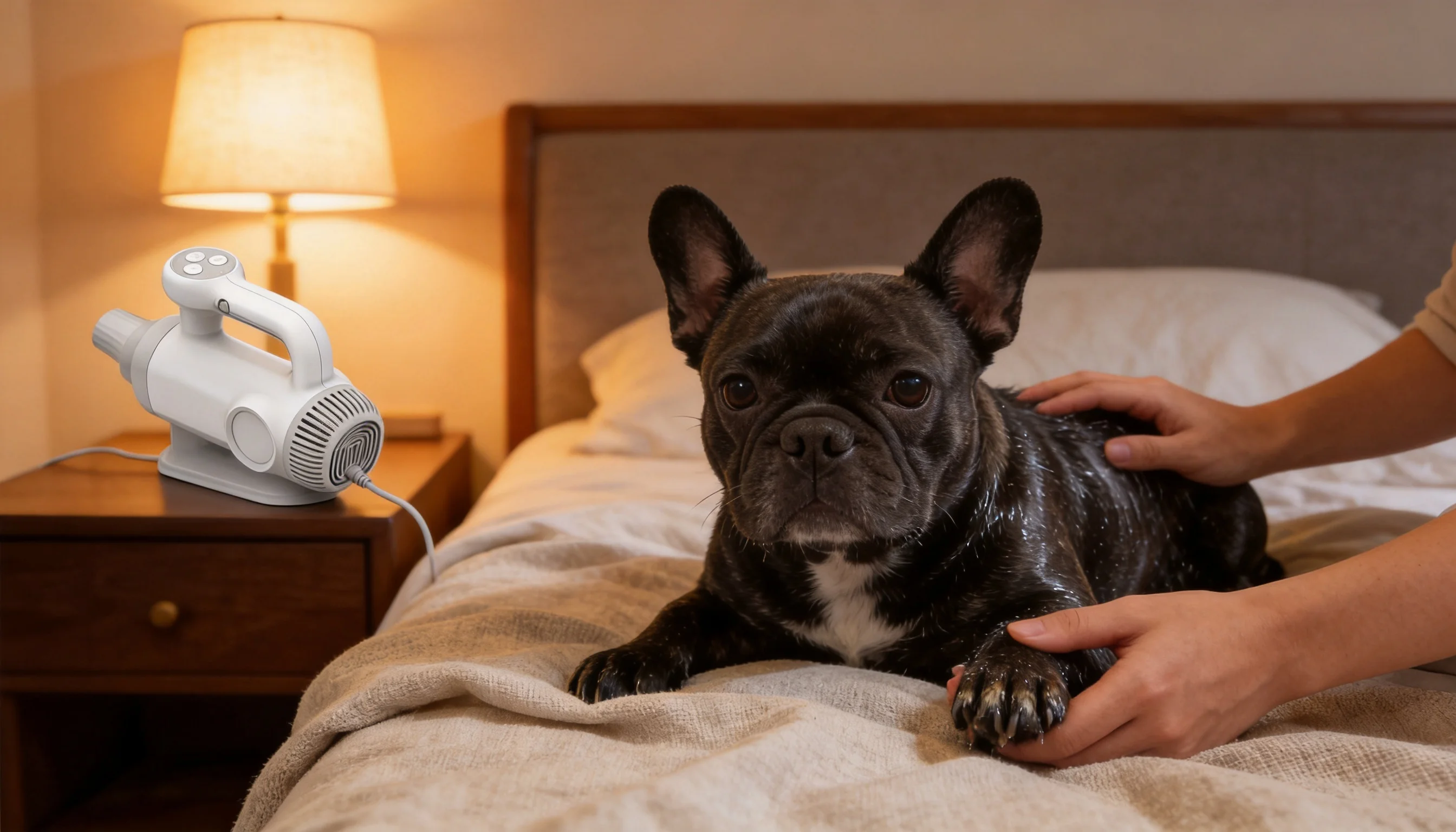 GuardHound Smart Pet Hair Dryer · Late Night Cozy Drying · GuardHound DOG