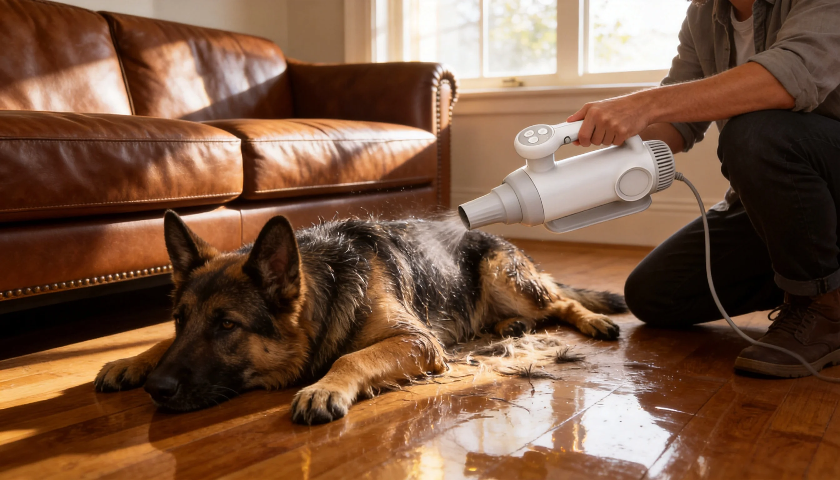 GuardHound Smart Pet Hair Dryer · Afternoon Living Room Grooming · GuardHound DOG