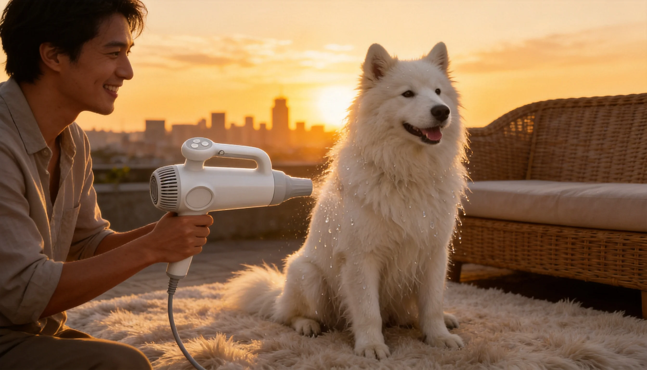 GuardHound Smart Pet Hair Dryer · Evening Balcony Relaxation · GuardHound DOG