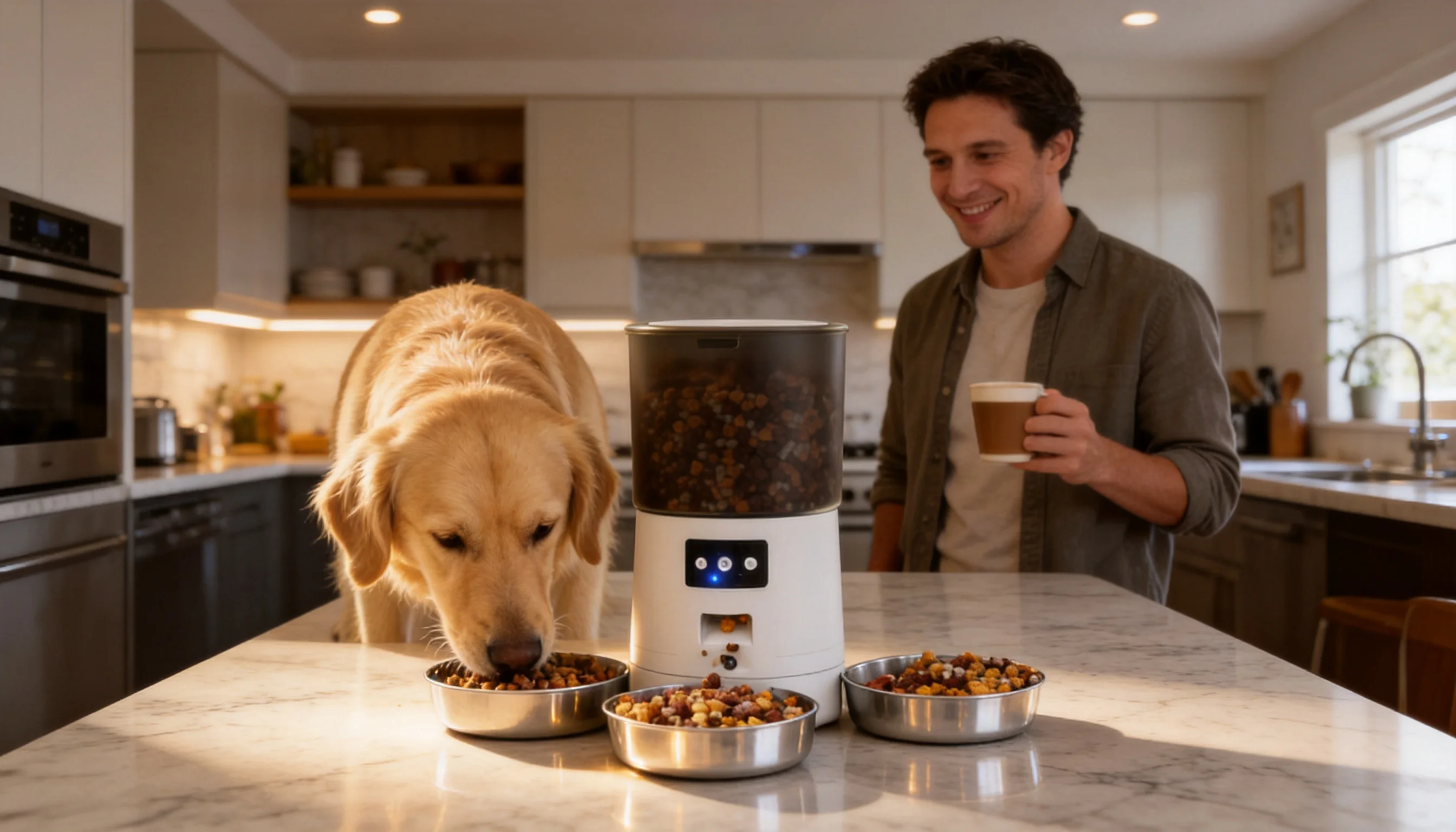 Smart Multi-Pet Feeder Pro · Morning Breakfast in Open Kitchen · GuardHound DOG