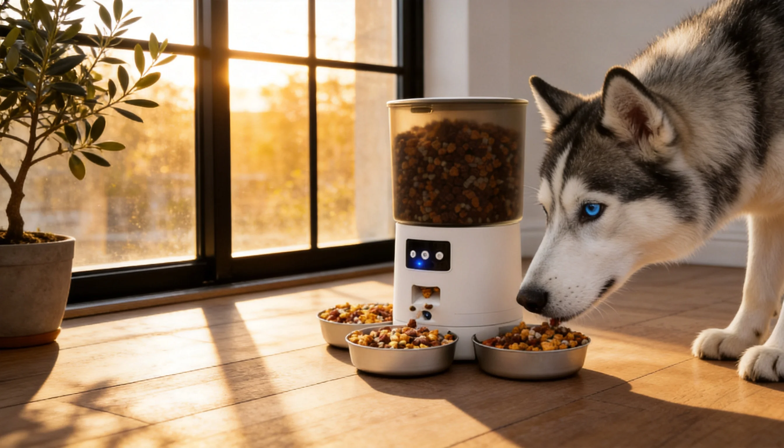 Smart Multi-Pet Feeder Pro · Afternoon Sun by Window · GuardHound DOG