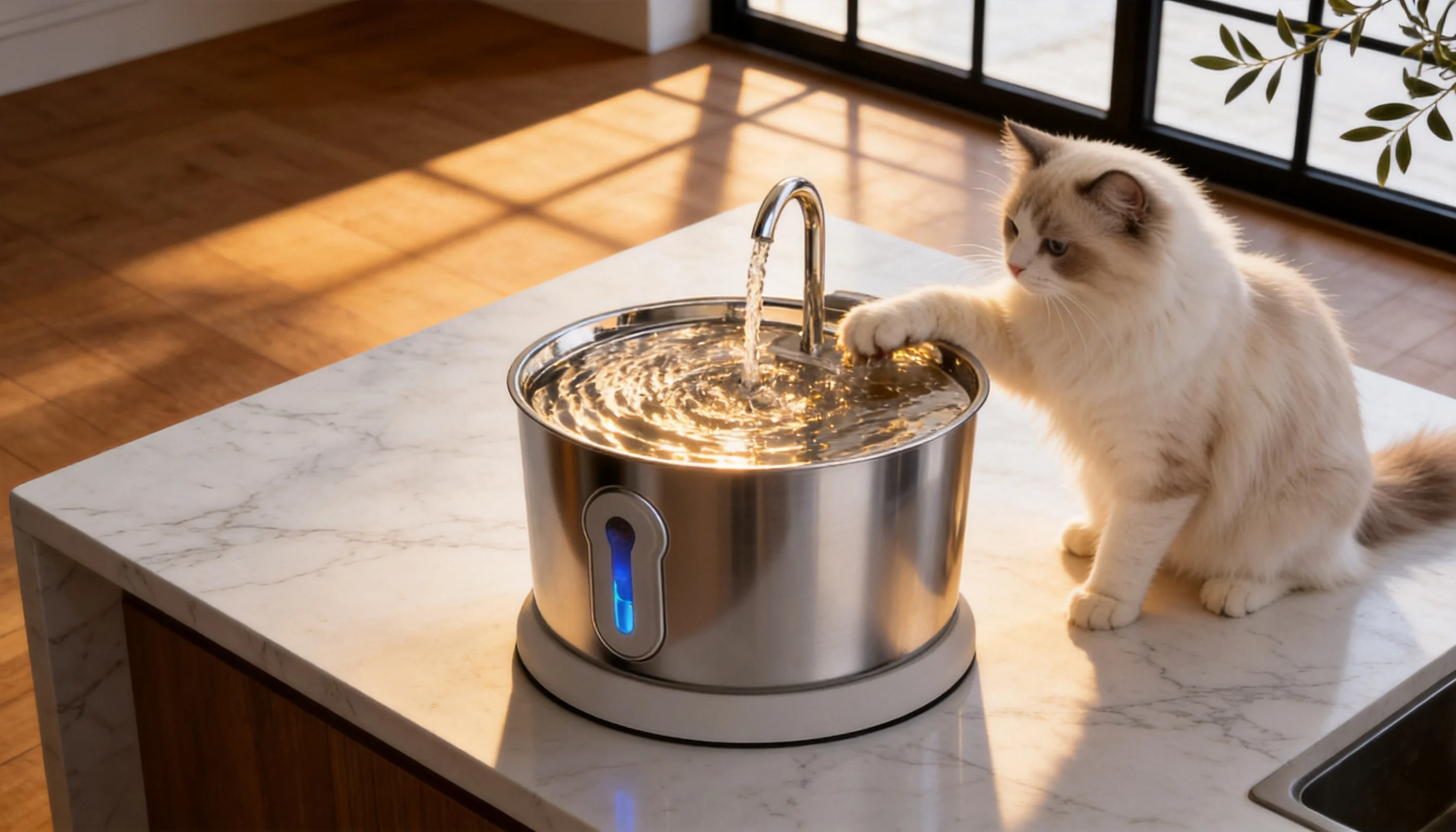 GuardLynx Stainless Steel Smart Water Fountain · Morning Kitchen Serenity · GuardLynx