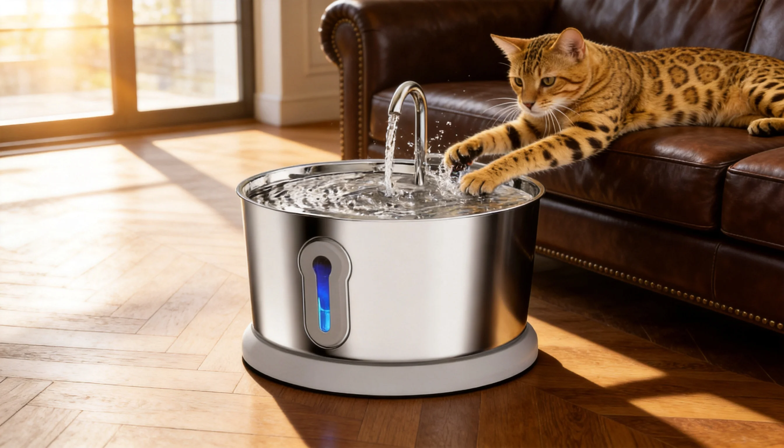 GuardLynx Stainless Steel Smart Water Fountain · Afternoon Living Room Elegance · GuardLynx