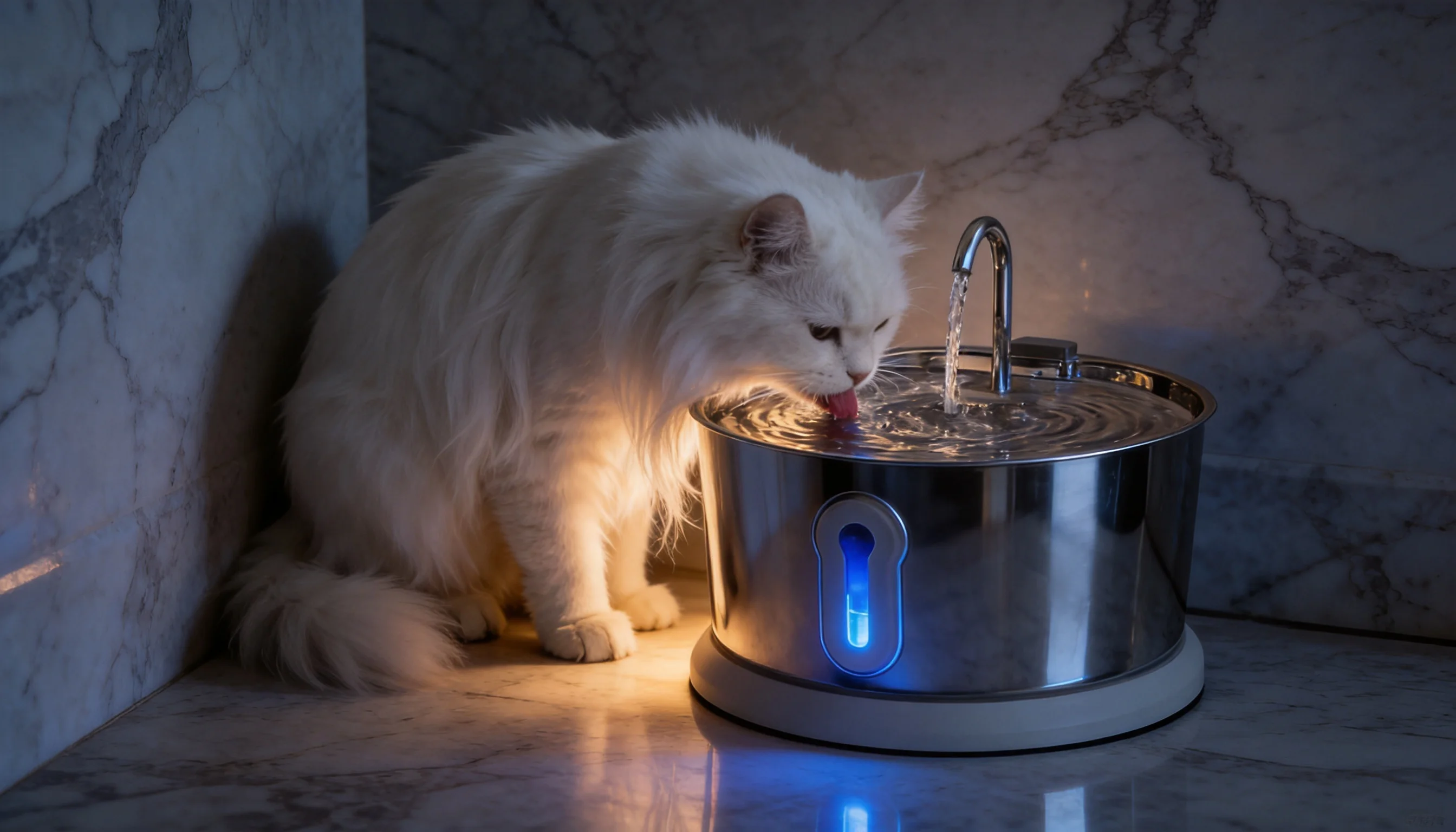 GuardLynx Stainless Steel Smart Water Fountain · Evening Bathroom Oasis · GuardLynx