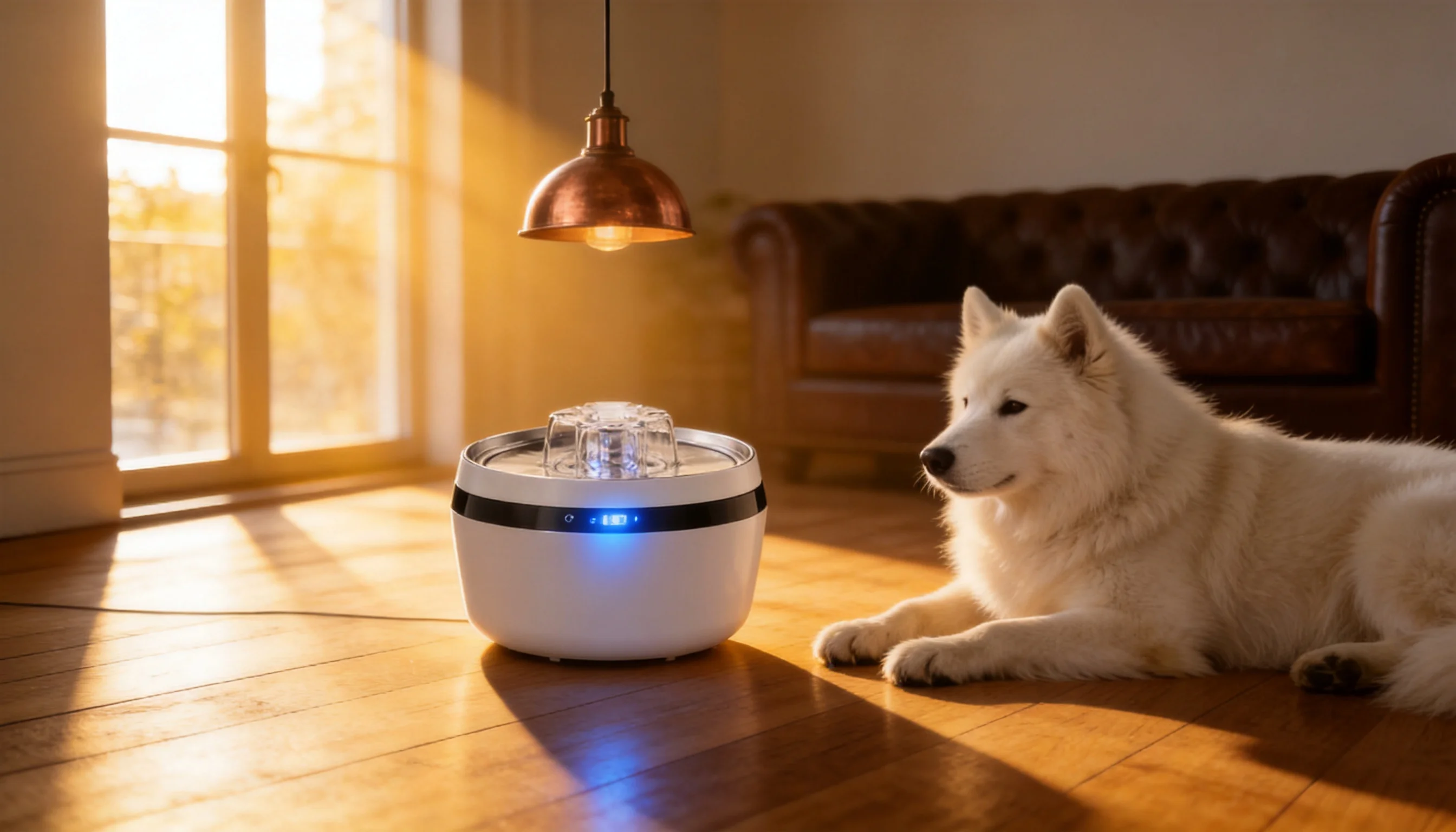 GuardHound Silent Cycle Smart Water Fountain · Living Room Afternoon Sun · GuardHound DOG