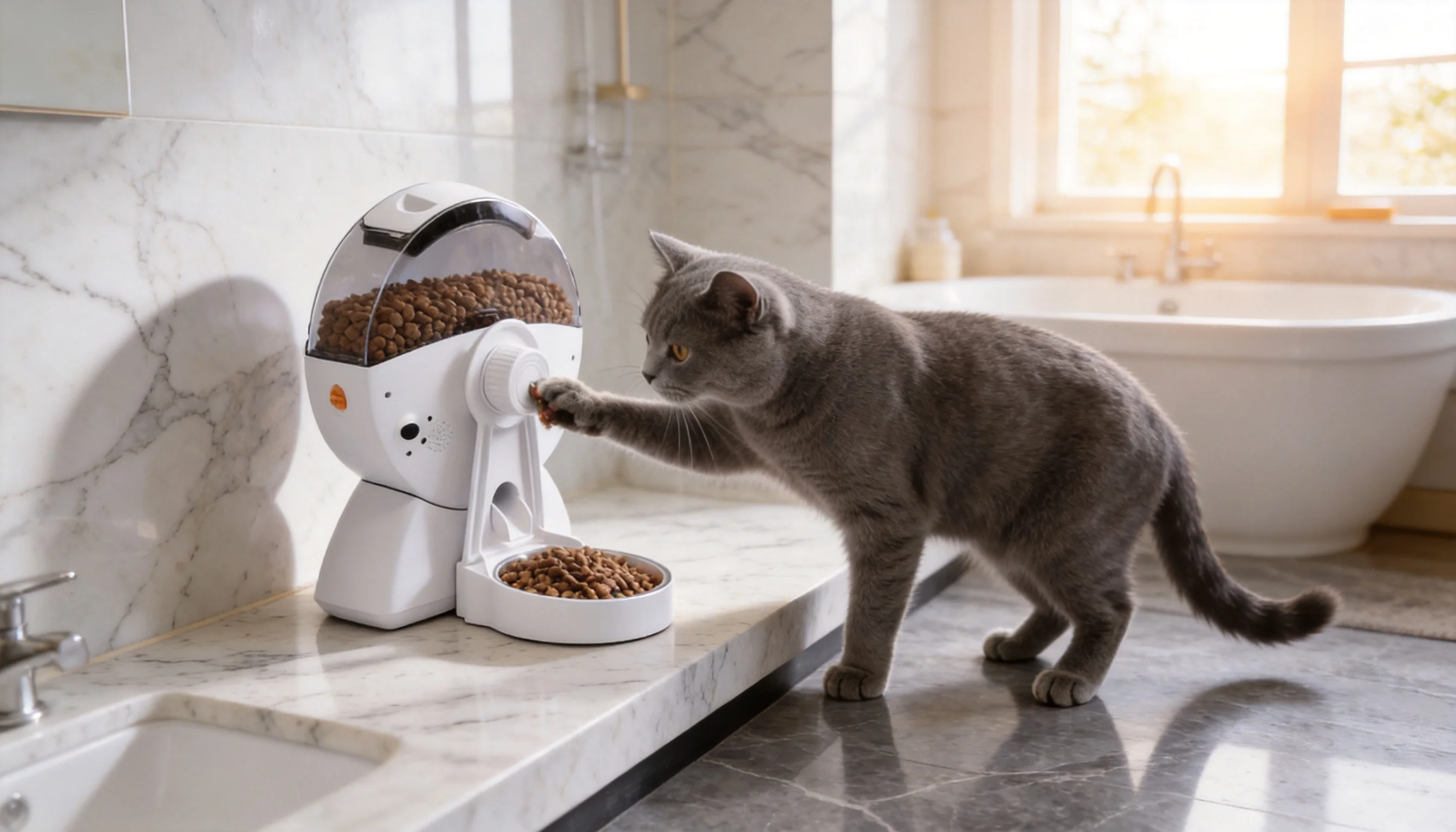 Crate Smart Feeder with Voice Reminder · Bathroom Corner with Russian Blue · GuardLynx