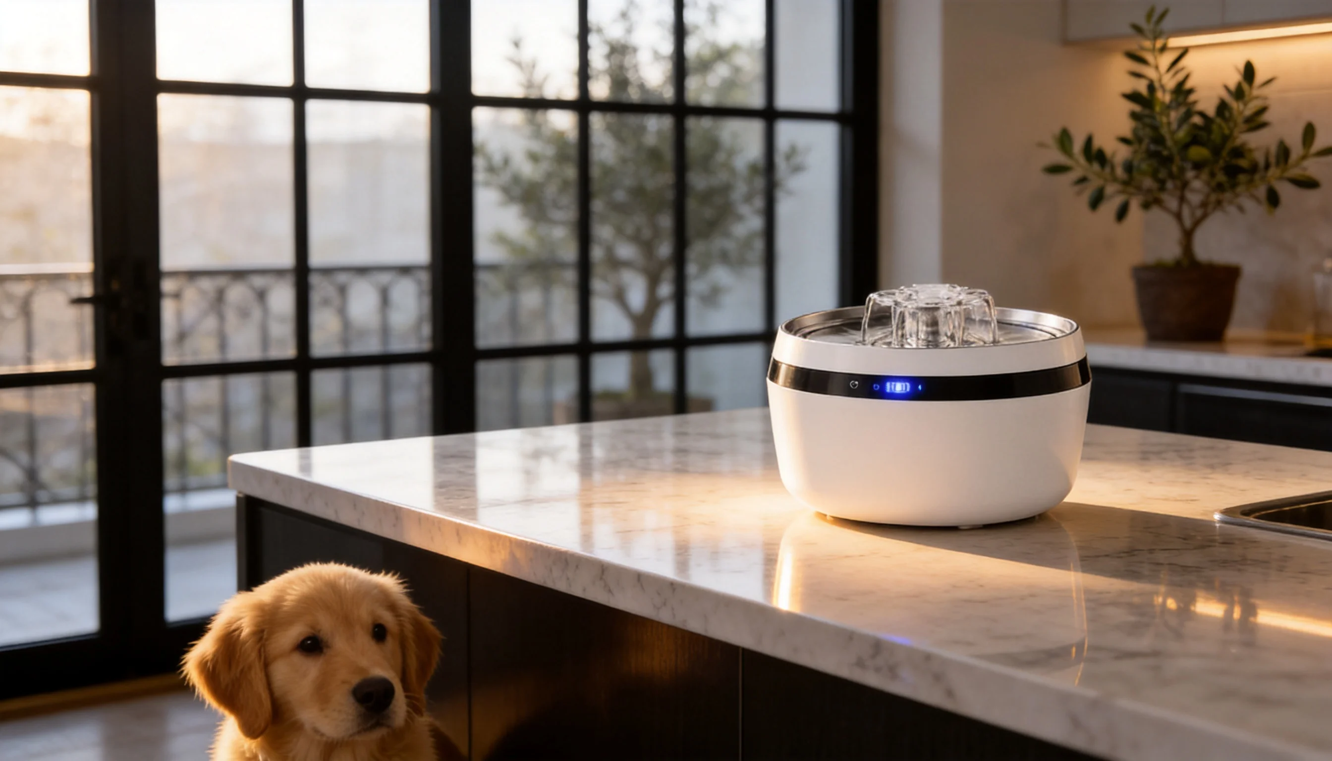 GuardHound Silent Cycle Smart Water Fountain · Open Kitchen Morning Light · GuardHound DOG