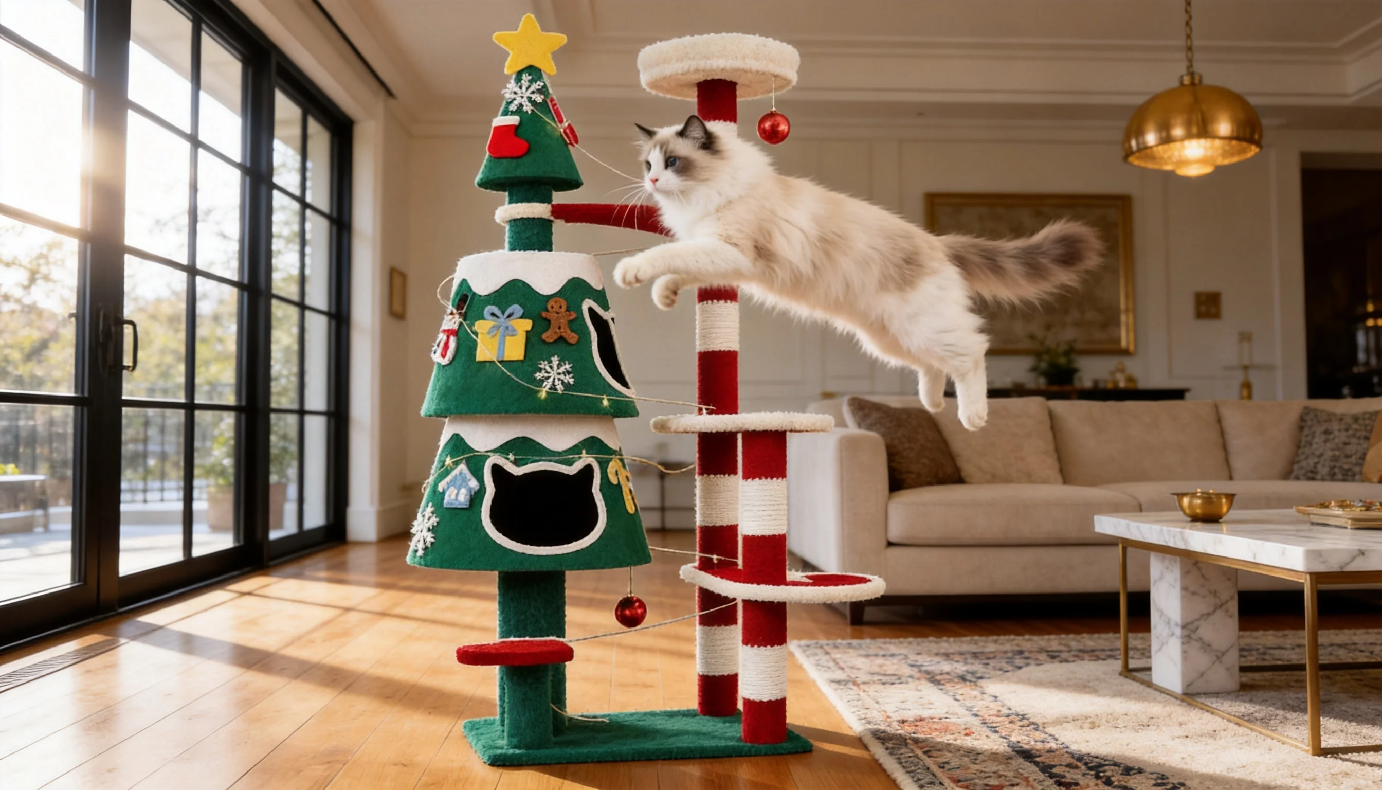 Holiday Pine Cat Tree with Removable Ornaments · Multi-Level Platforms · GuardLynx