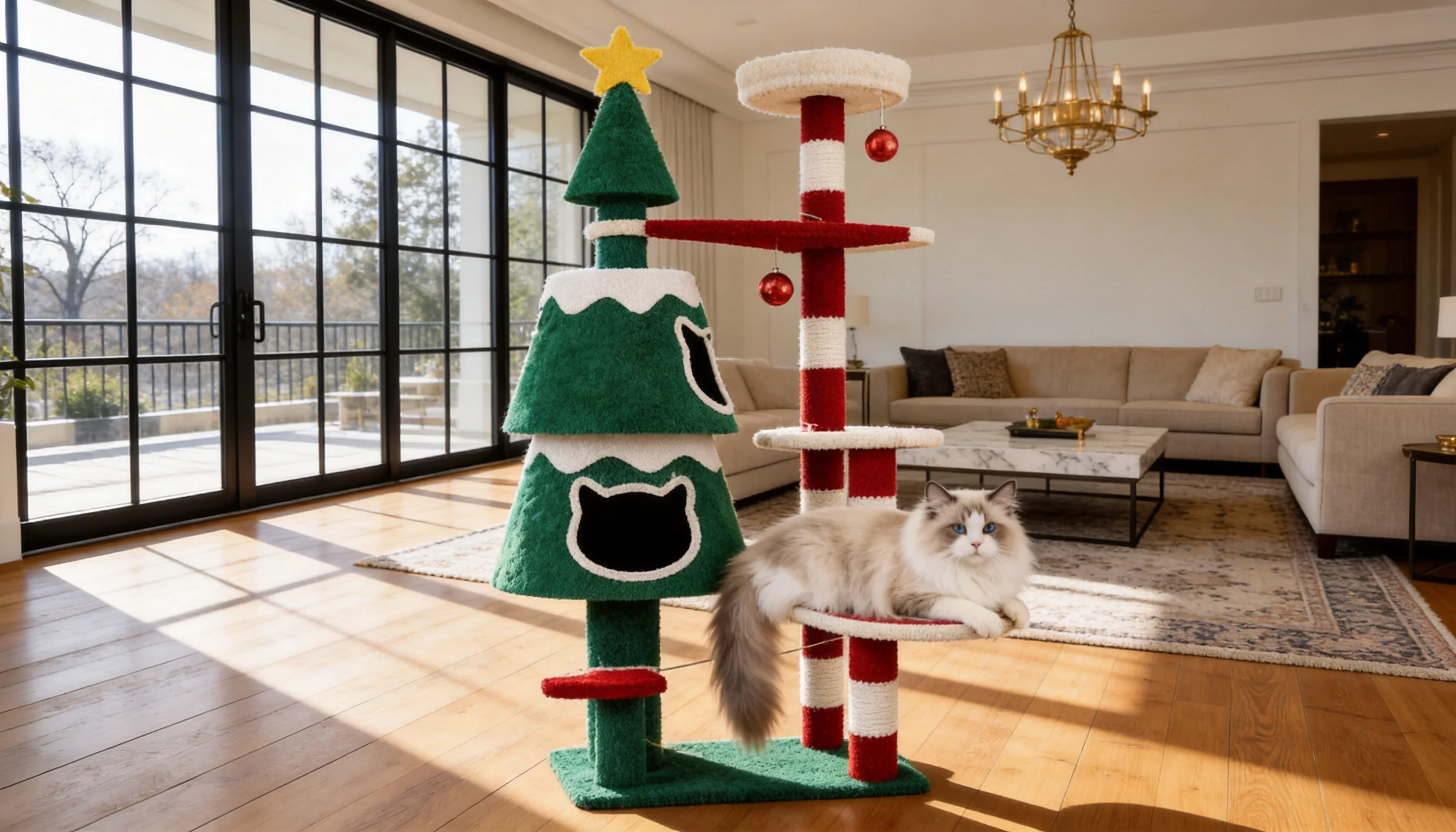 Holiday Pine Cat Tree with Removable Ornaments · Removable Decorations · GuardLynx