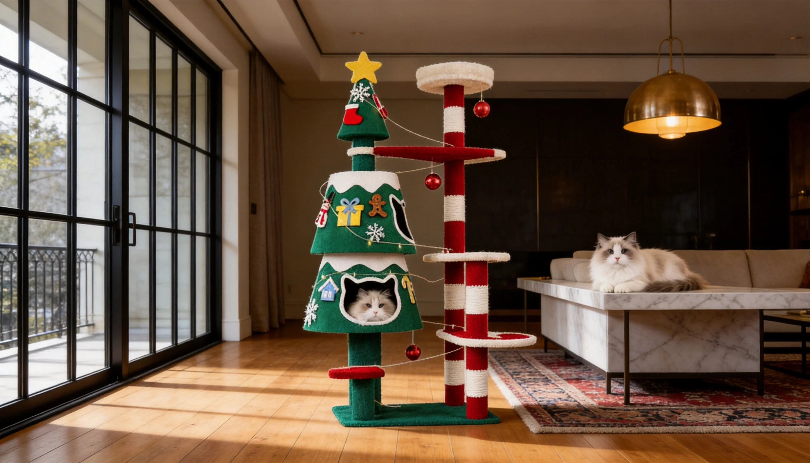 Holiday Pine Cat Tree with Removable Ornaments · Hidden Cat Cave · GuardLynx