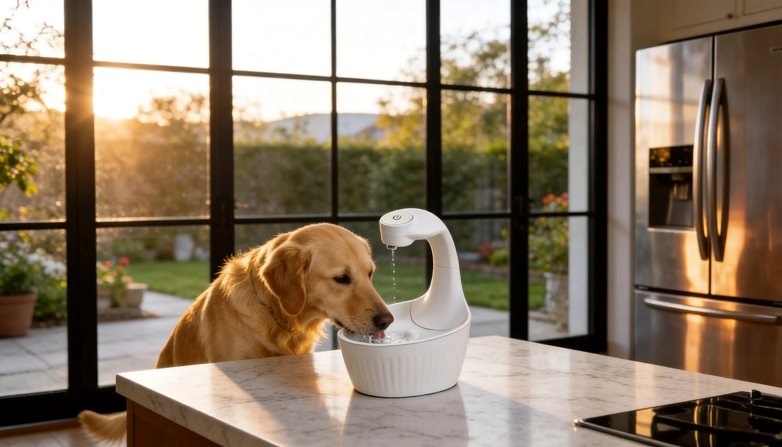 Swan Smart Pet Water Fountain · Morning Kitchen Glow · GuardHound DOG