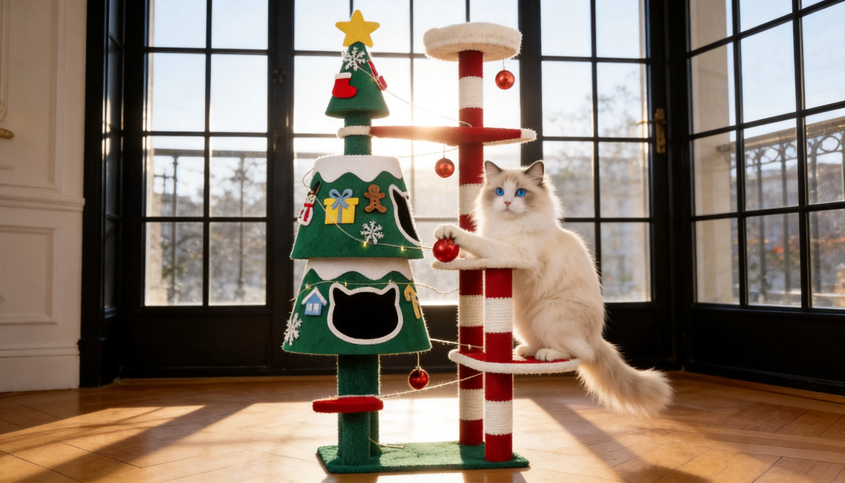 Holiday Pine Cat Tree with Removable Ornaments · Christmas Morning Living Room · GuardLynx
