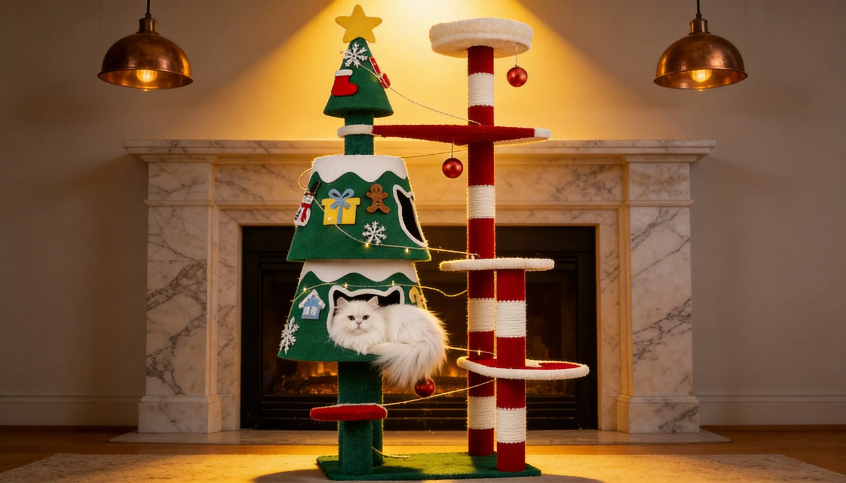 Holiday Pine Cat Tree with Removable Ornaments · Evening Tree Lights · GuardLynx