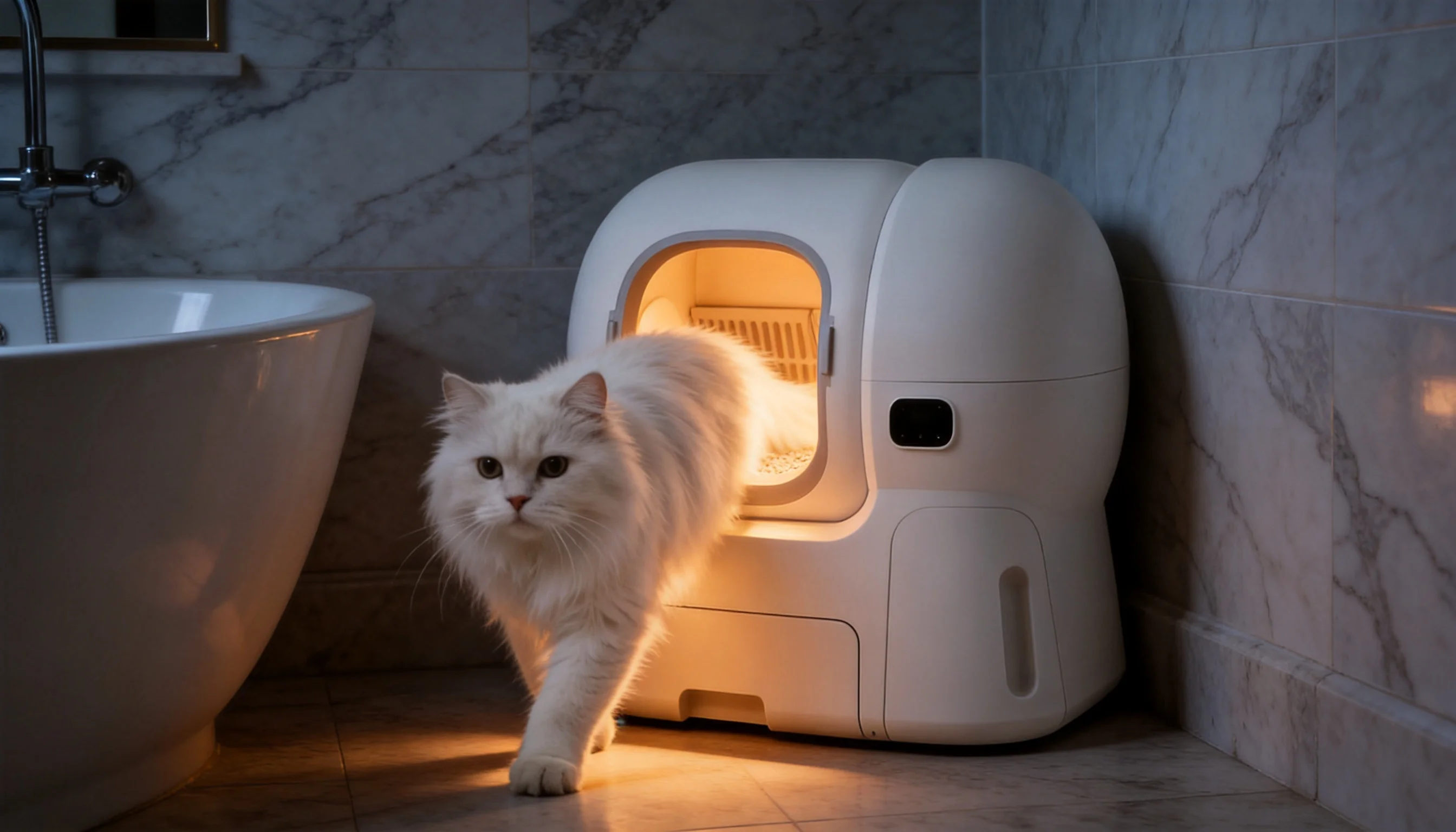 Smart Litter Refill Self-Cleaning Litter Box · Quiet Night in the Bathroom Corner · GuardLynx