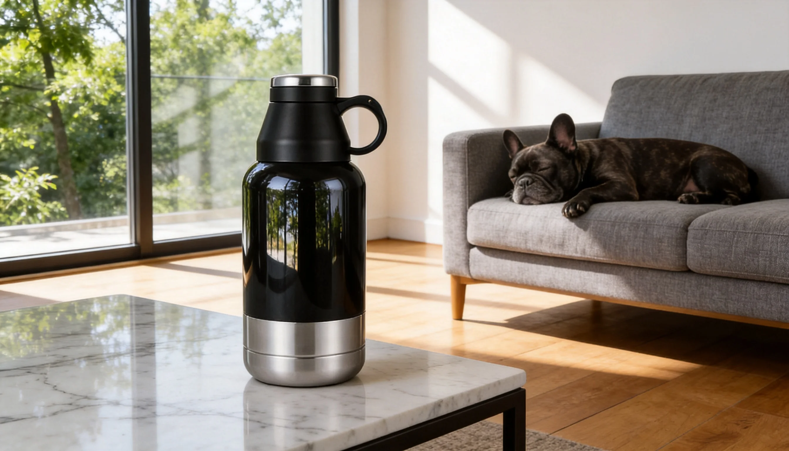 GuardHound Pet Water Bottle · Afternoon Living Room with French Bulldog · GuardHound DOG