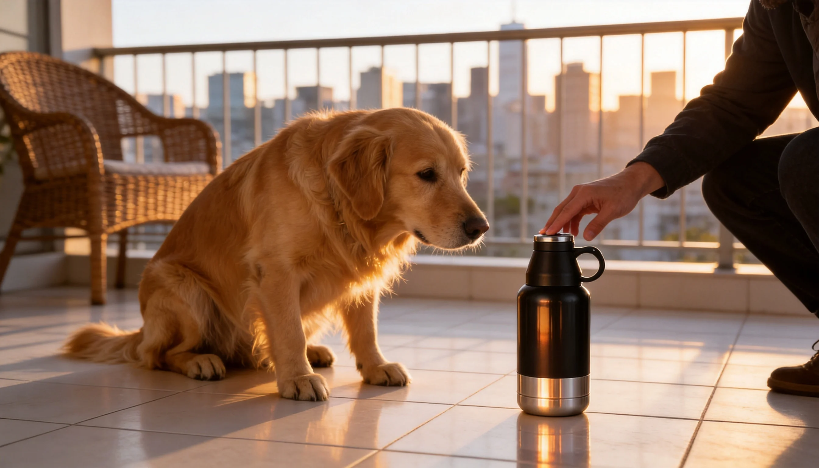 GuardHound Pet Water Bottle · Morning Balcony with Golden Retriever · GuardHound DOG