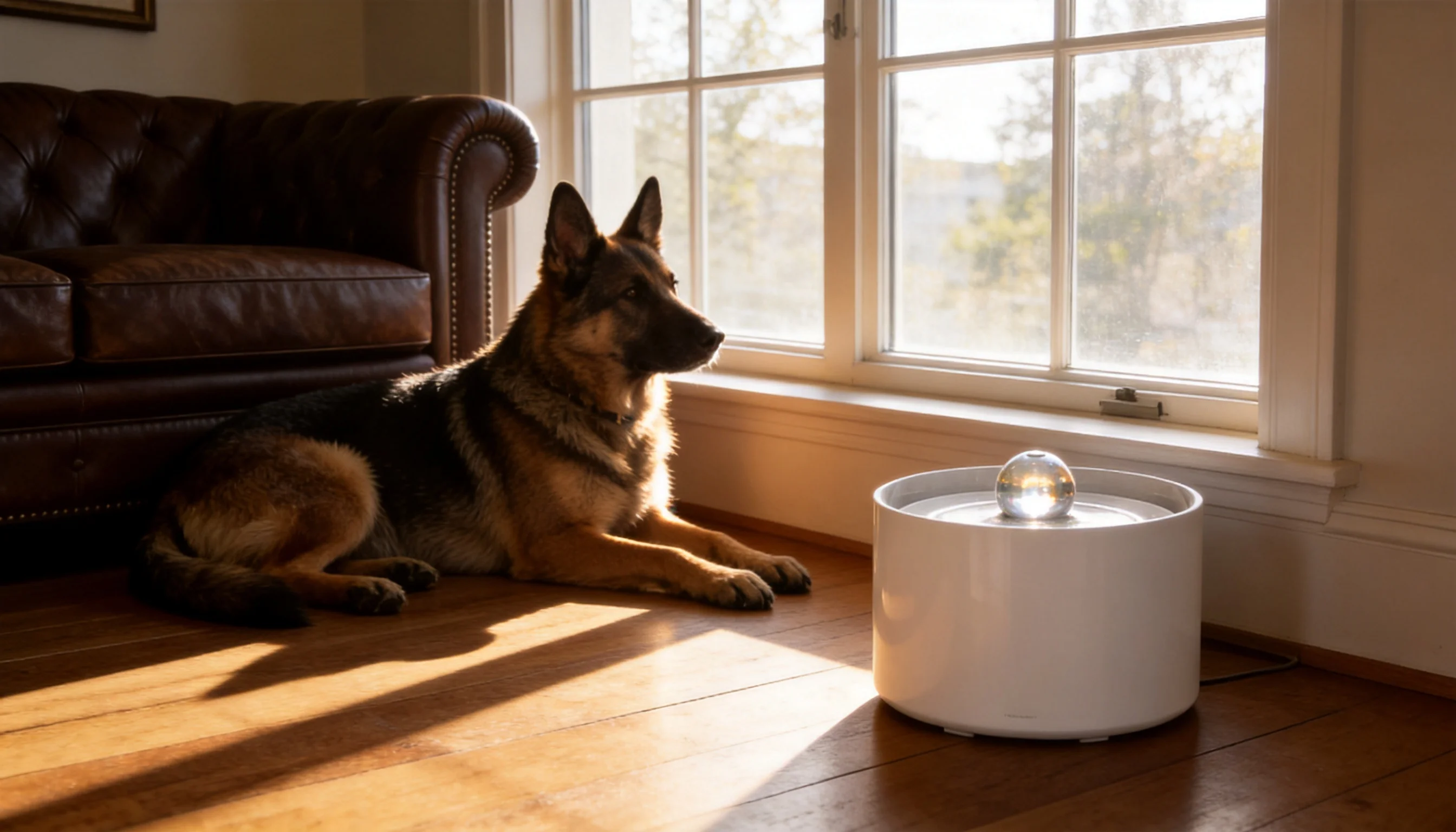 GuardHound Smart Pet Water Fountain · Living Room Afternoon · GuardHound DOG