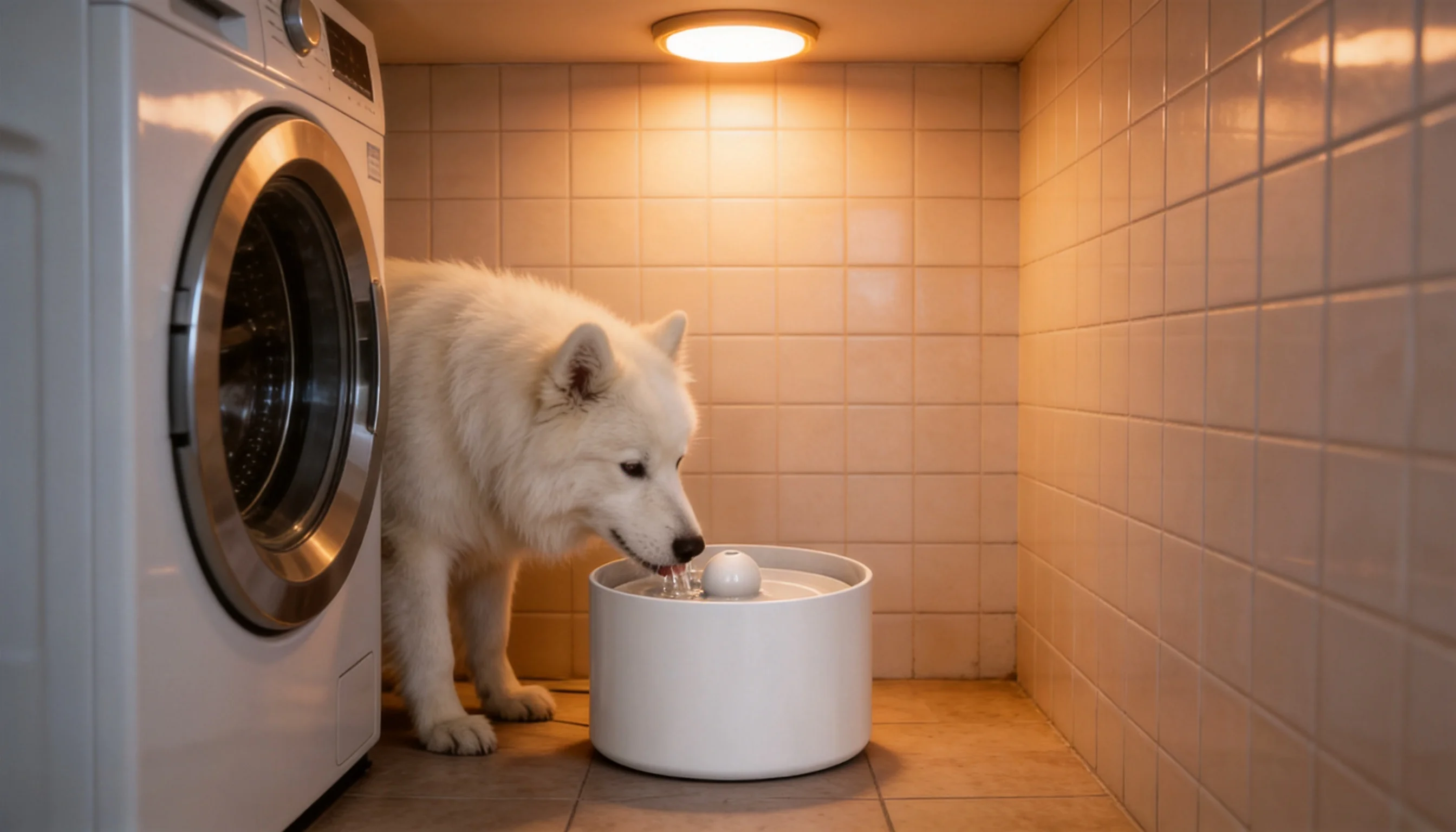 GuardHound Smart Pet Water Fountain · Laundry Room Evening · GuardHound DOG