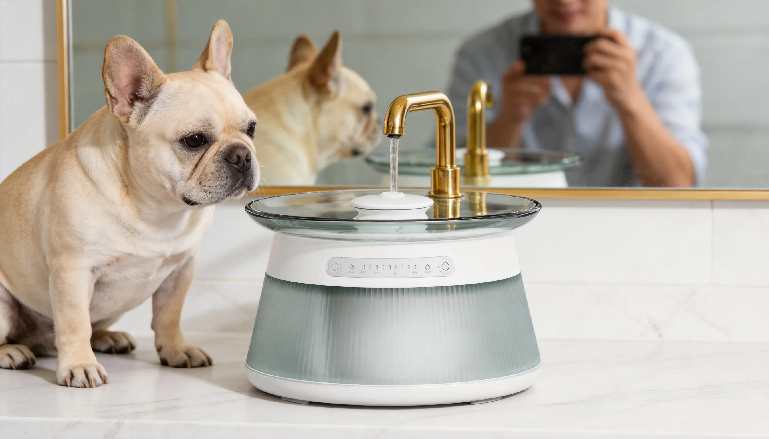 GuardHound Smart Flowing Water Fountain · Modern Bathroom Morning · GuardHound DOG
