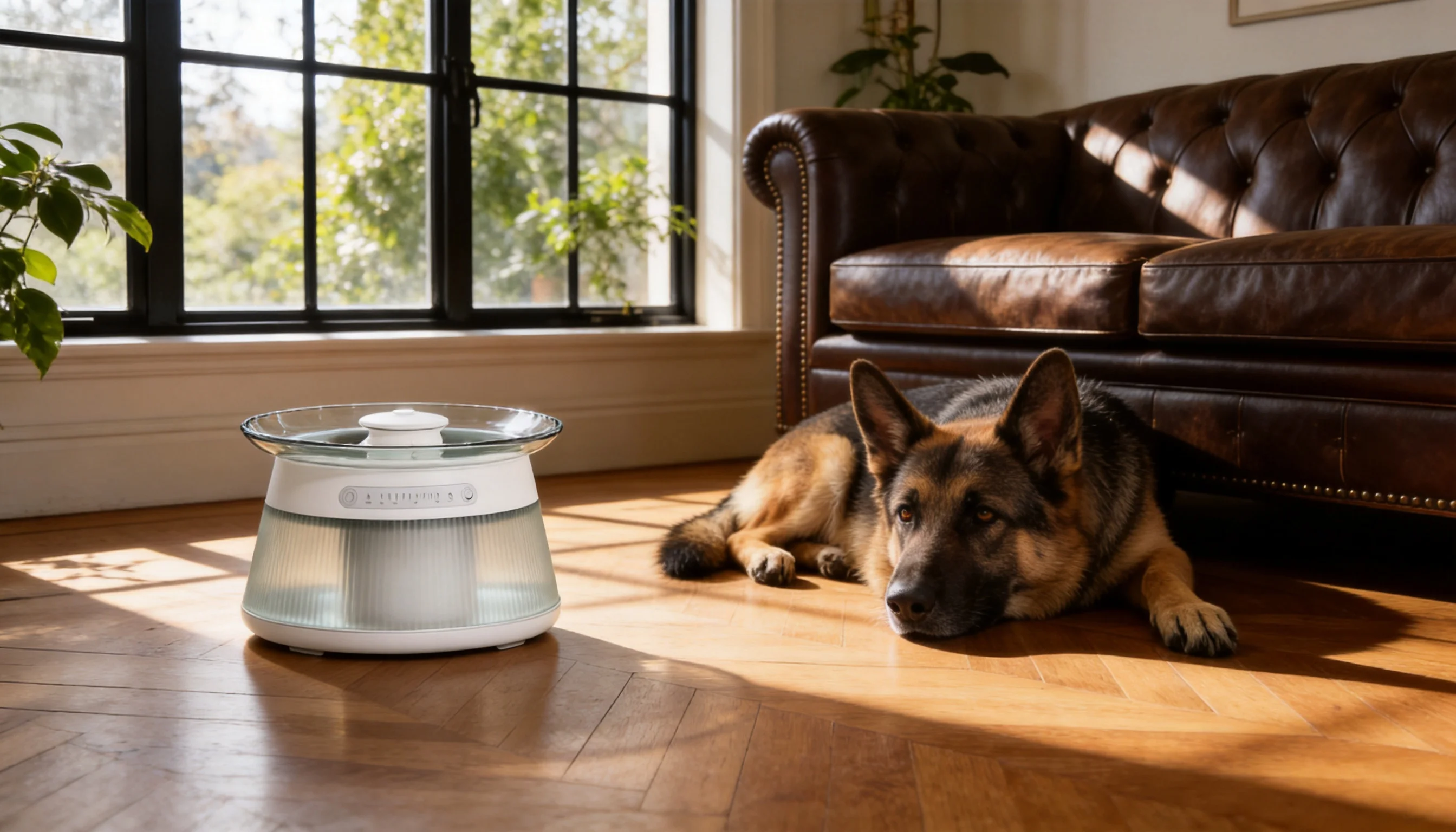 GuardHound Smart Flowing Water Fountain · Living Room Afternoon · GuardHound DOG