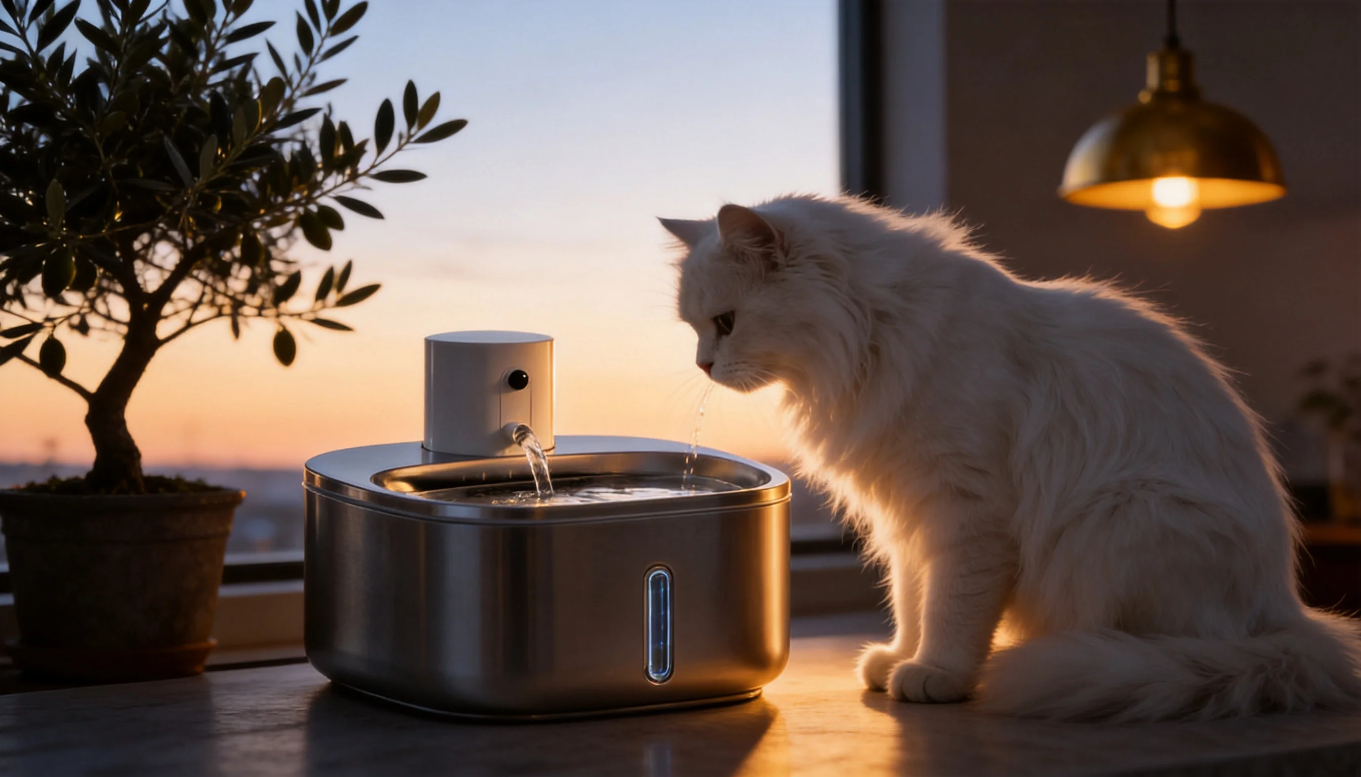 GuardLynx Stainless Steel Smart Filtered Water Fountain · Evening Window · GuardLynx