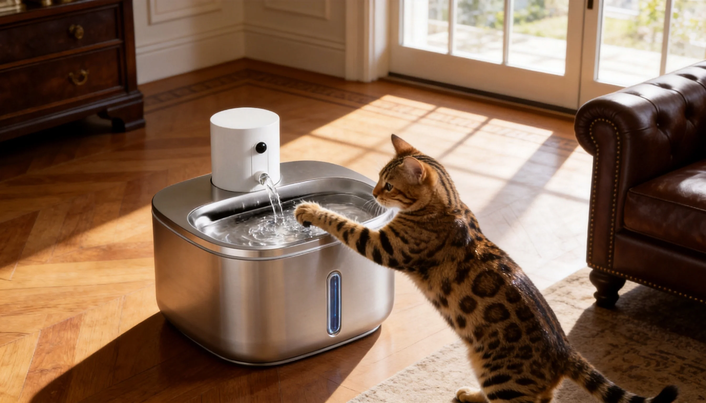 GuardLynx Stainless Steel Smart Filtered Water Fountain · Afternoon Living Room · GuardLynx