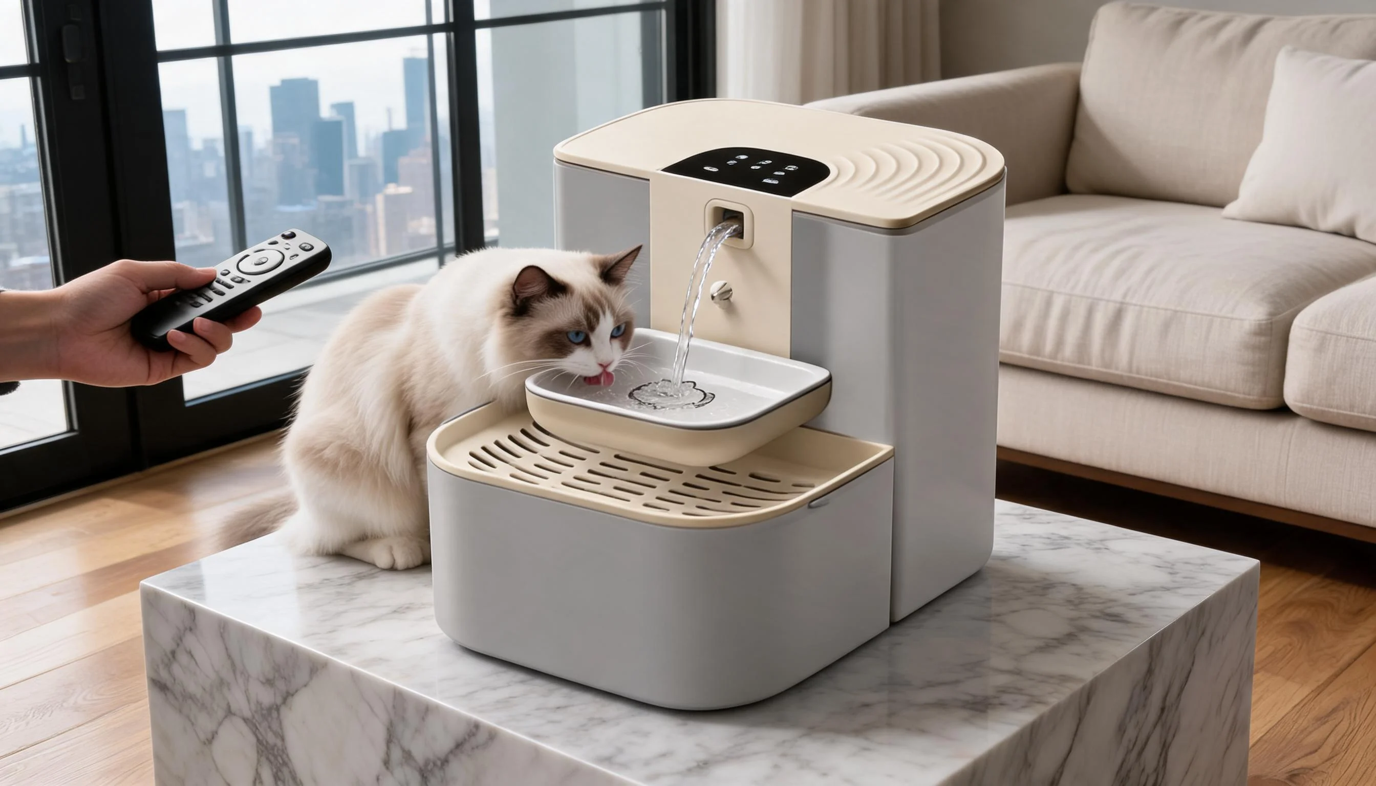 Remote Tilt-Controlled Pet Water Fountain · Remote Water Flow · GuardLynx