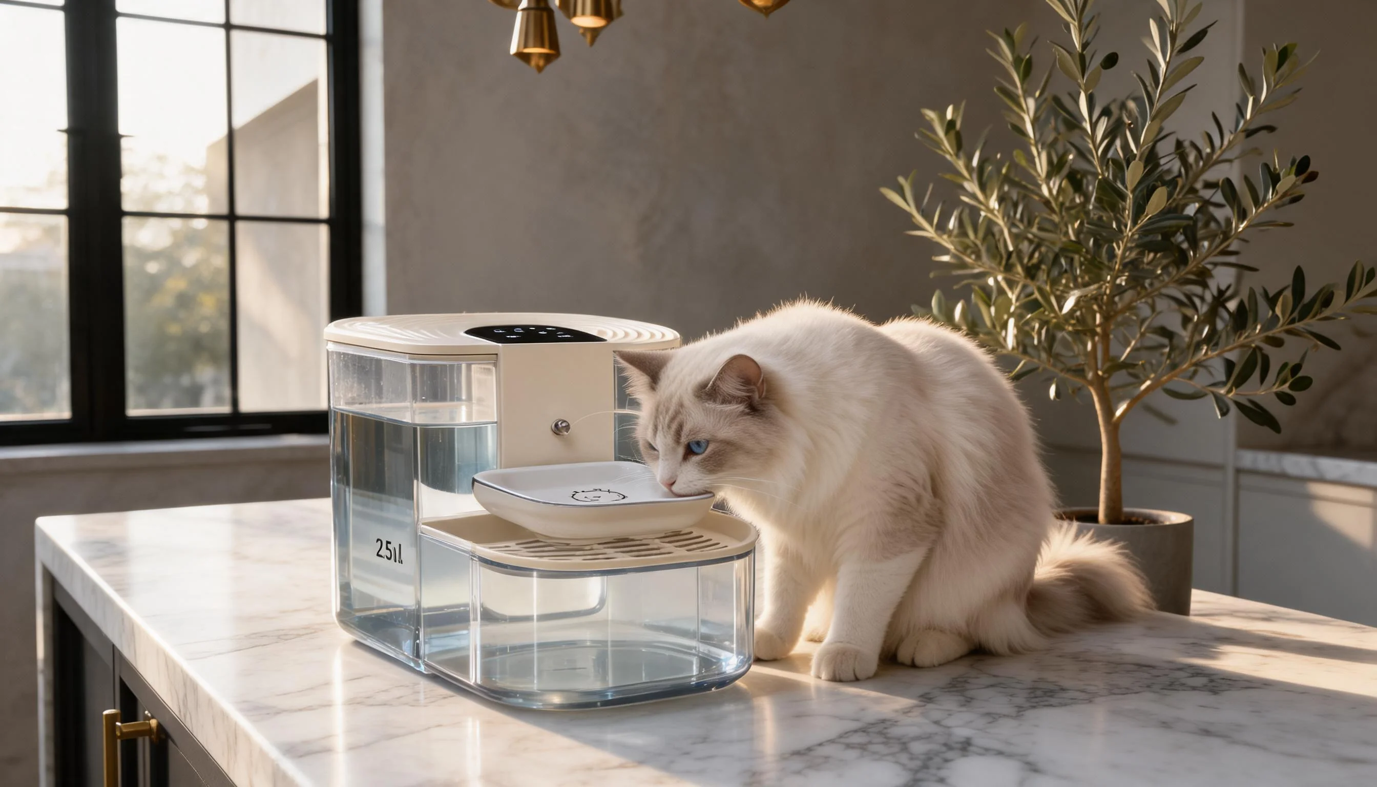 Remote Tilt-Controlled Pet Water Fountain · Warm Ceramic White · GuardLynx