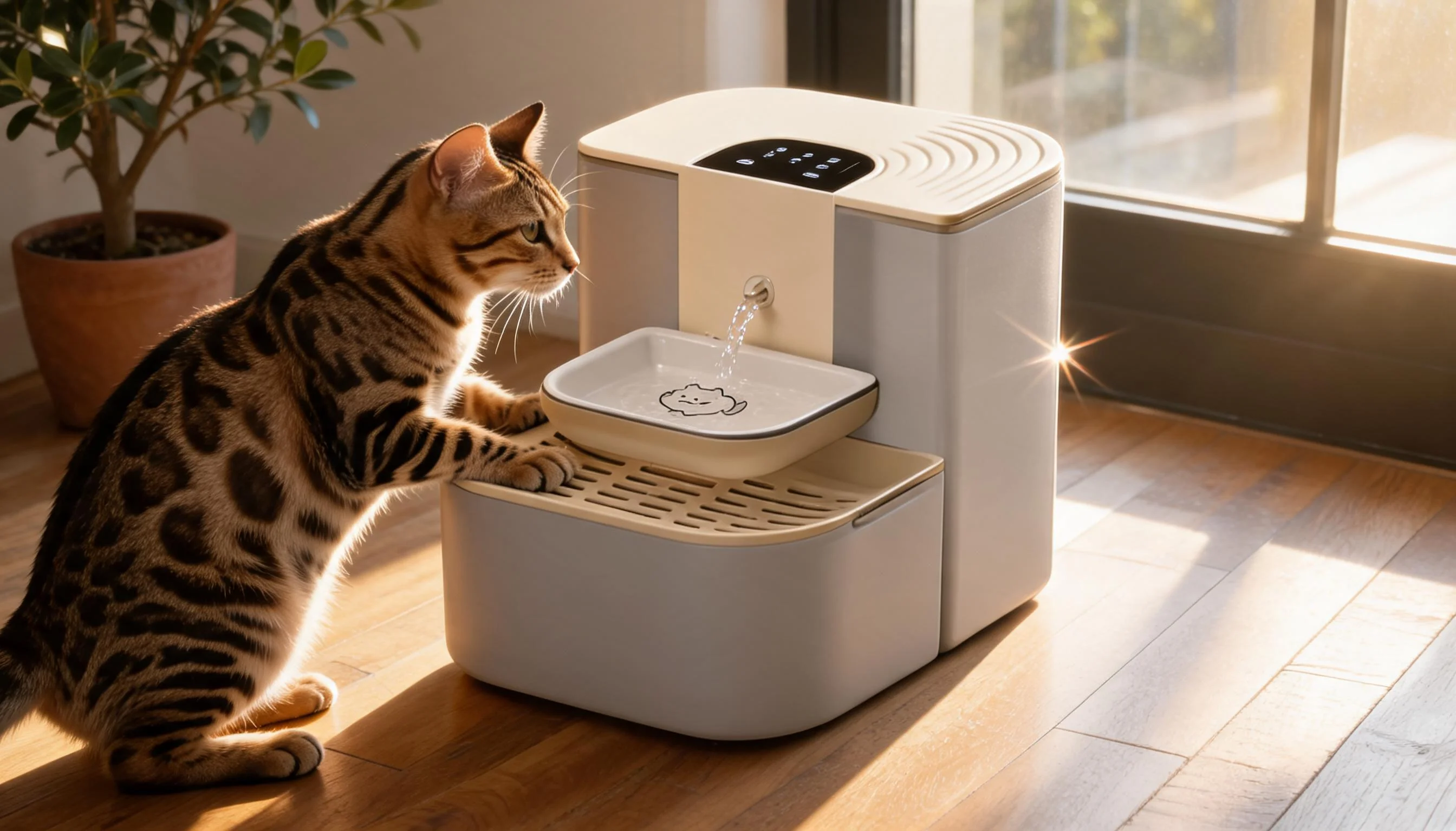 Remote Tilt-Controlled Pet Water Fountain · Afternoon Living Room Water Light · GuardLynx
