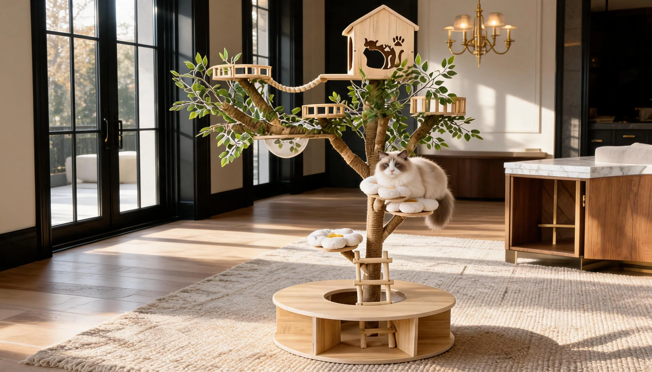Simulated Tree Cat Climbing Tower · Natural Solid Wood · GuardLynx