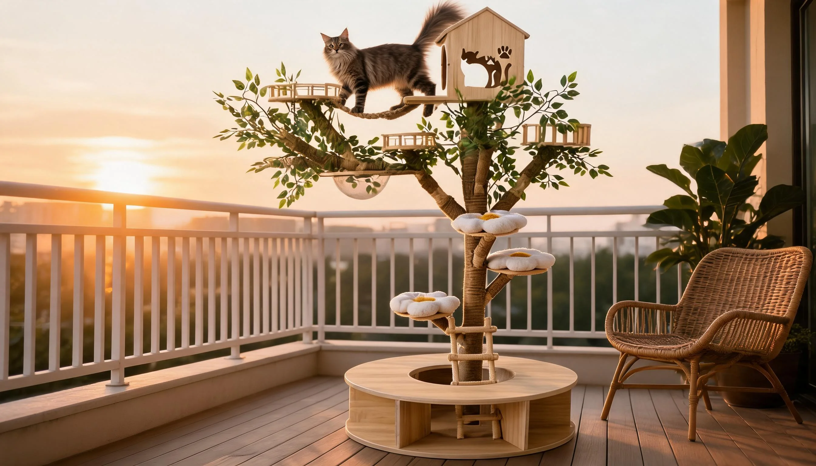 Simulated Tree Cat Climbing Tower · Balcony at Sunset · GuardLynx