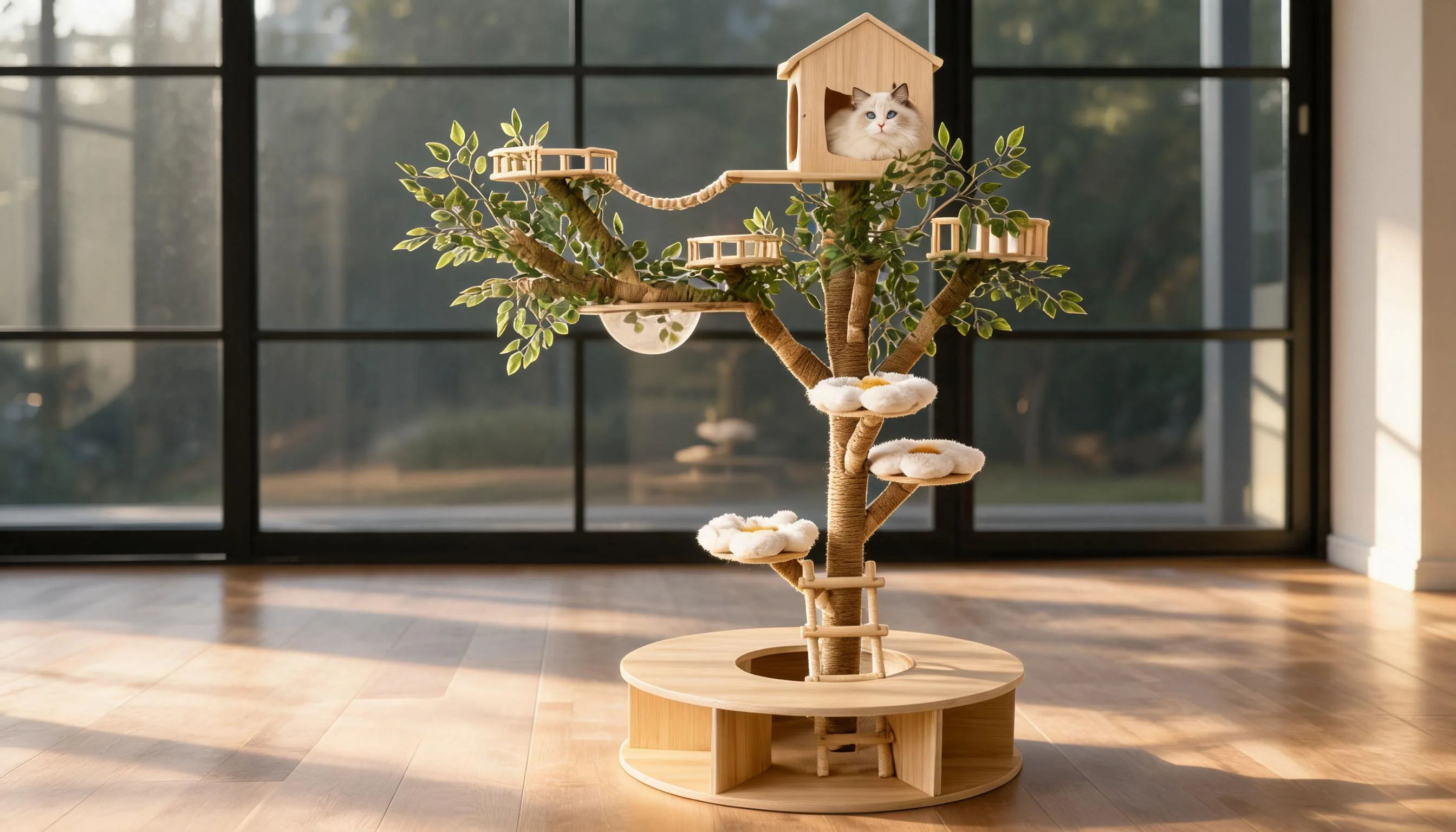 Simulated Tree Cat Climbing Tower · Sunny Living Room Afternoon · GuardLynx