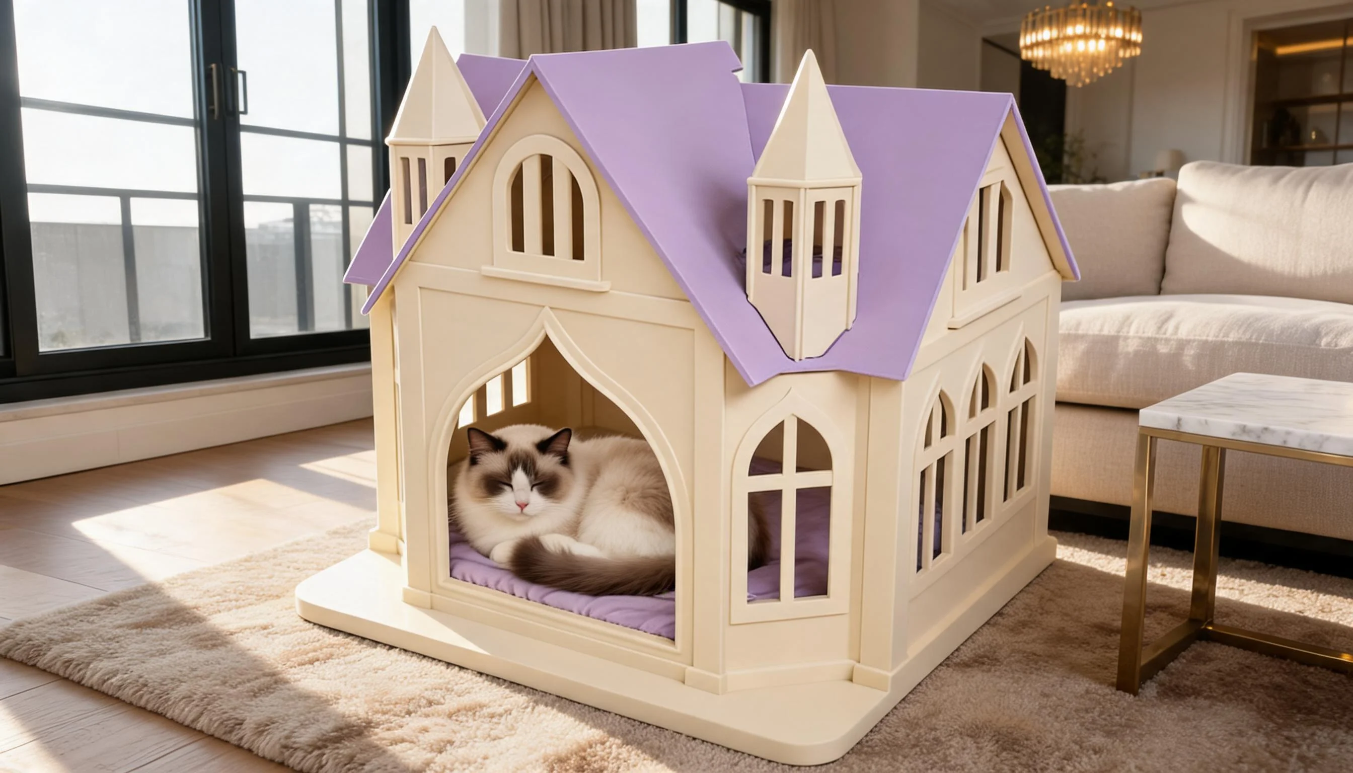 Castle Solid Wood Cat Bed House · Soft Cushion · GuardLynx