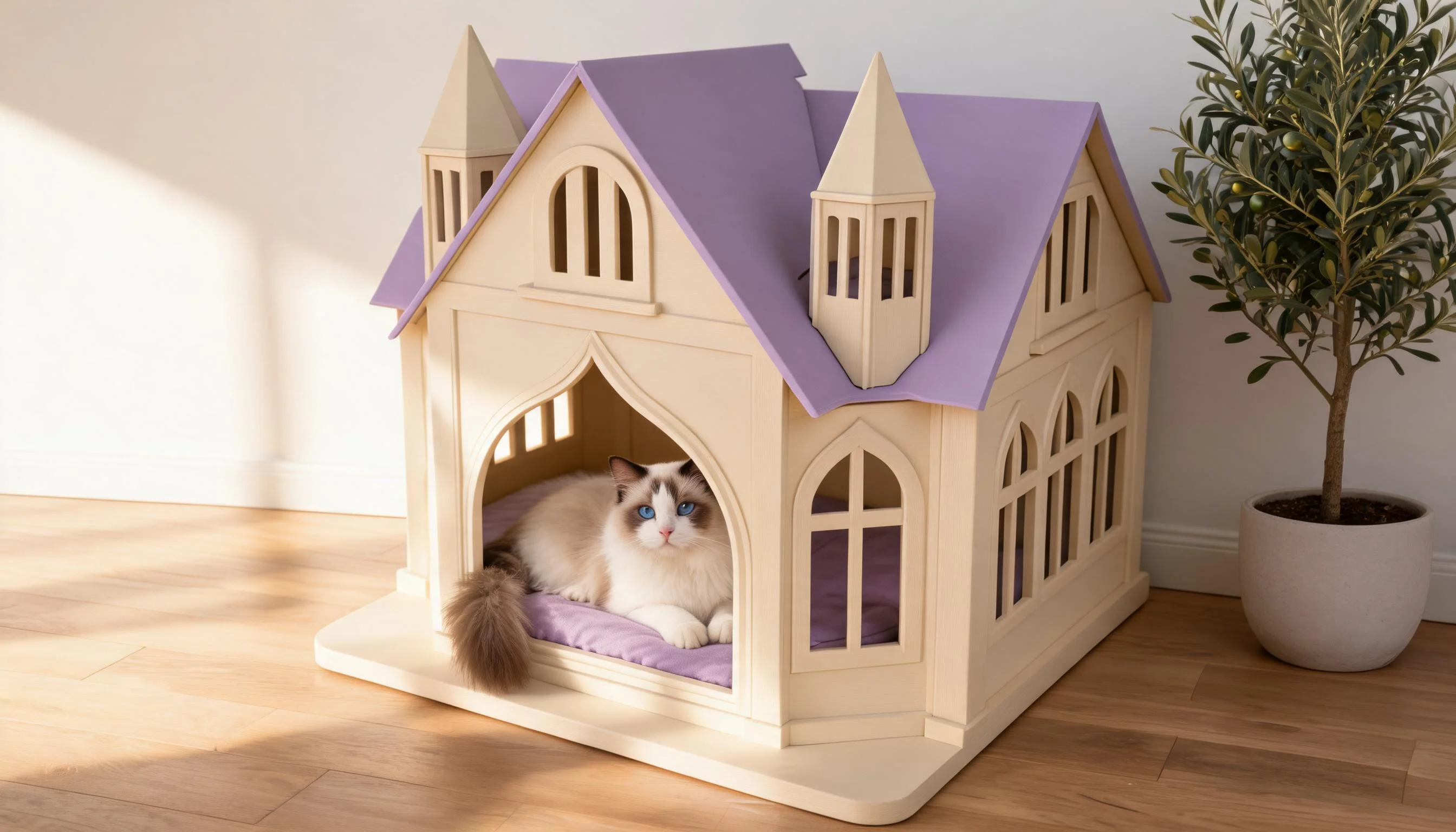 Castle Solid Wood Cat Bed House · Sunny Living Room Corner · GuardLynx