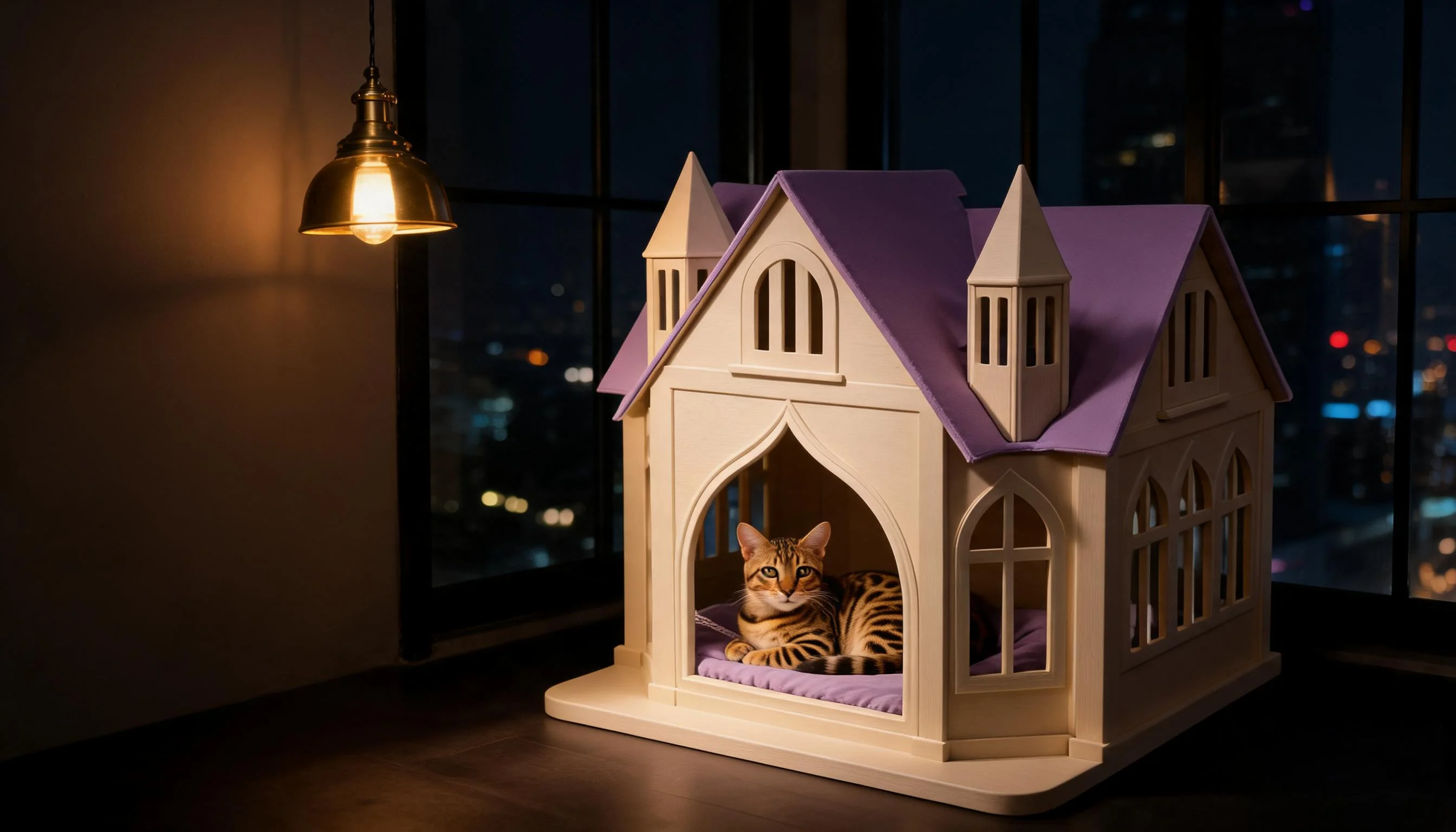 Castle Solid Wood Cat Bed House · Cozy Bedroom Night · GuardLynx