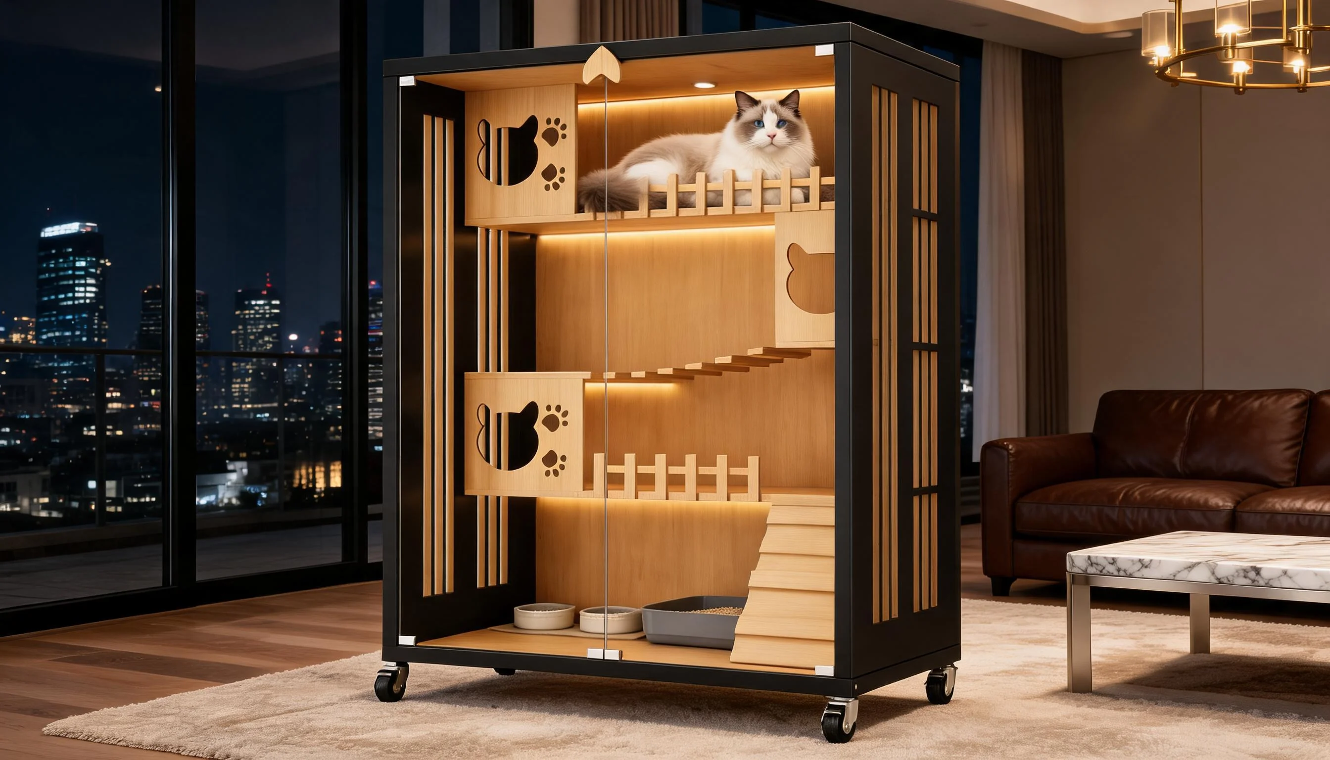 Stainless Steel Solid Wood Multi-Level Cat Cage · Built-In Lighting · GuardLynx
