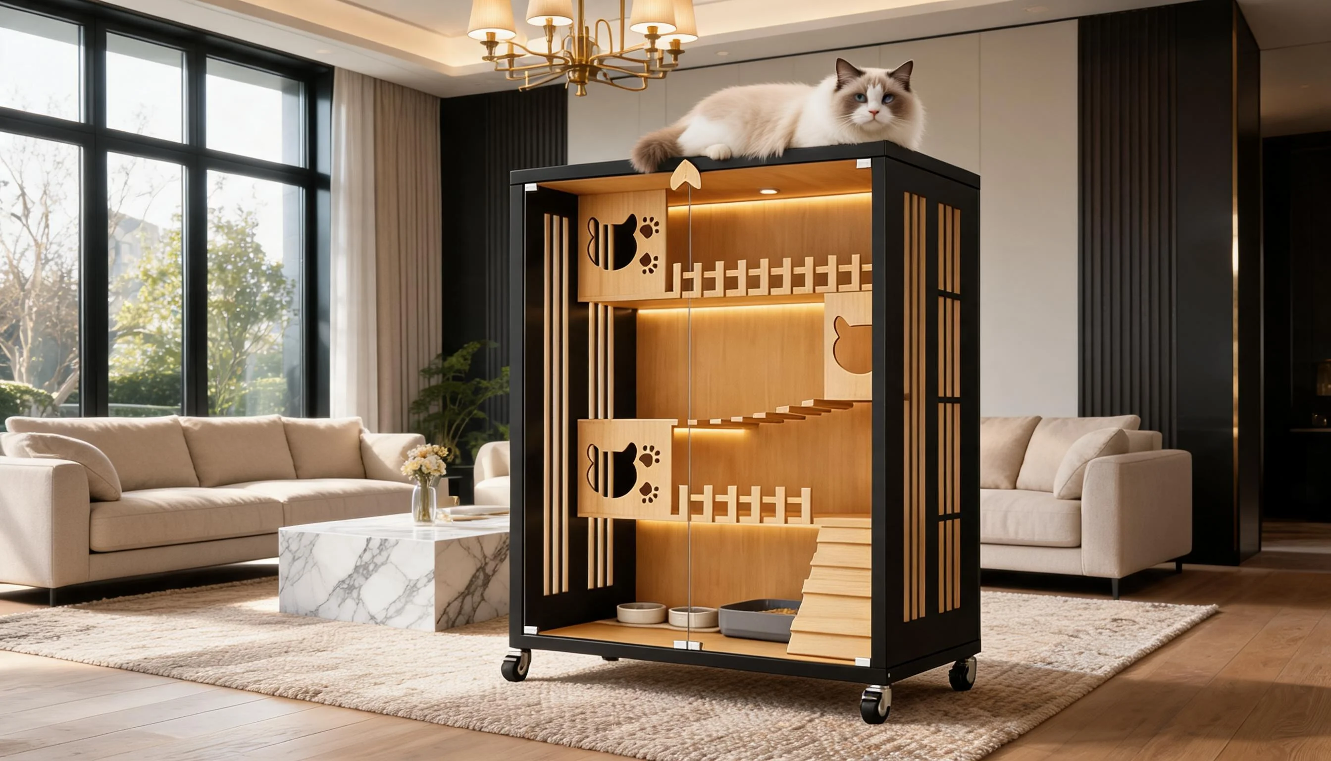 Stainless Steel Solid Wood Multi-Level Cat Cage · Black Frame & Wood · GuardLynx